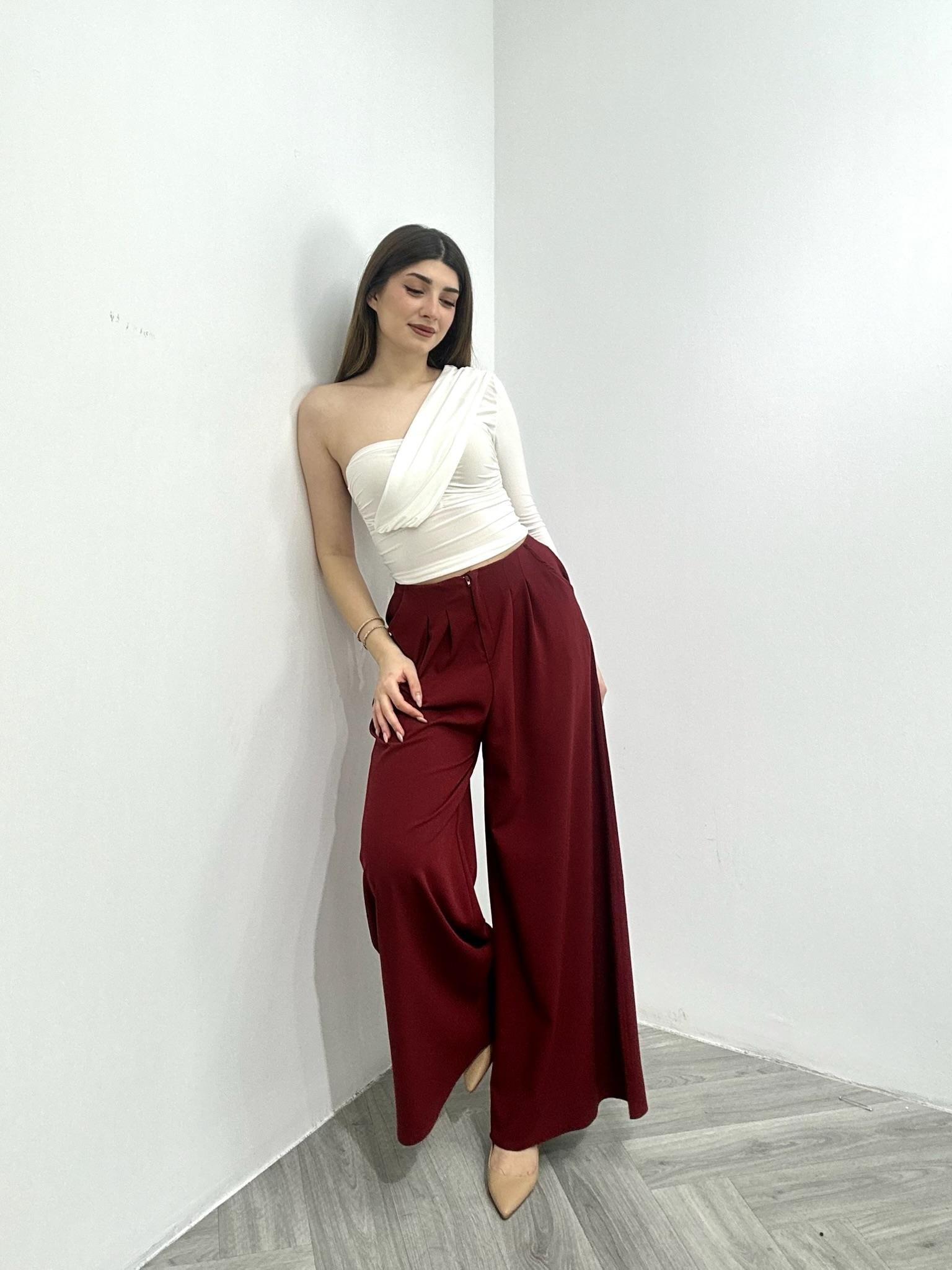 Dubble Kumaş Pile Detay Bel Arkası Lastikli Palazzo Pantolon 