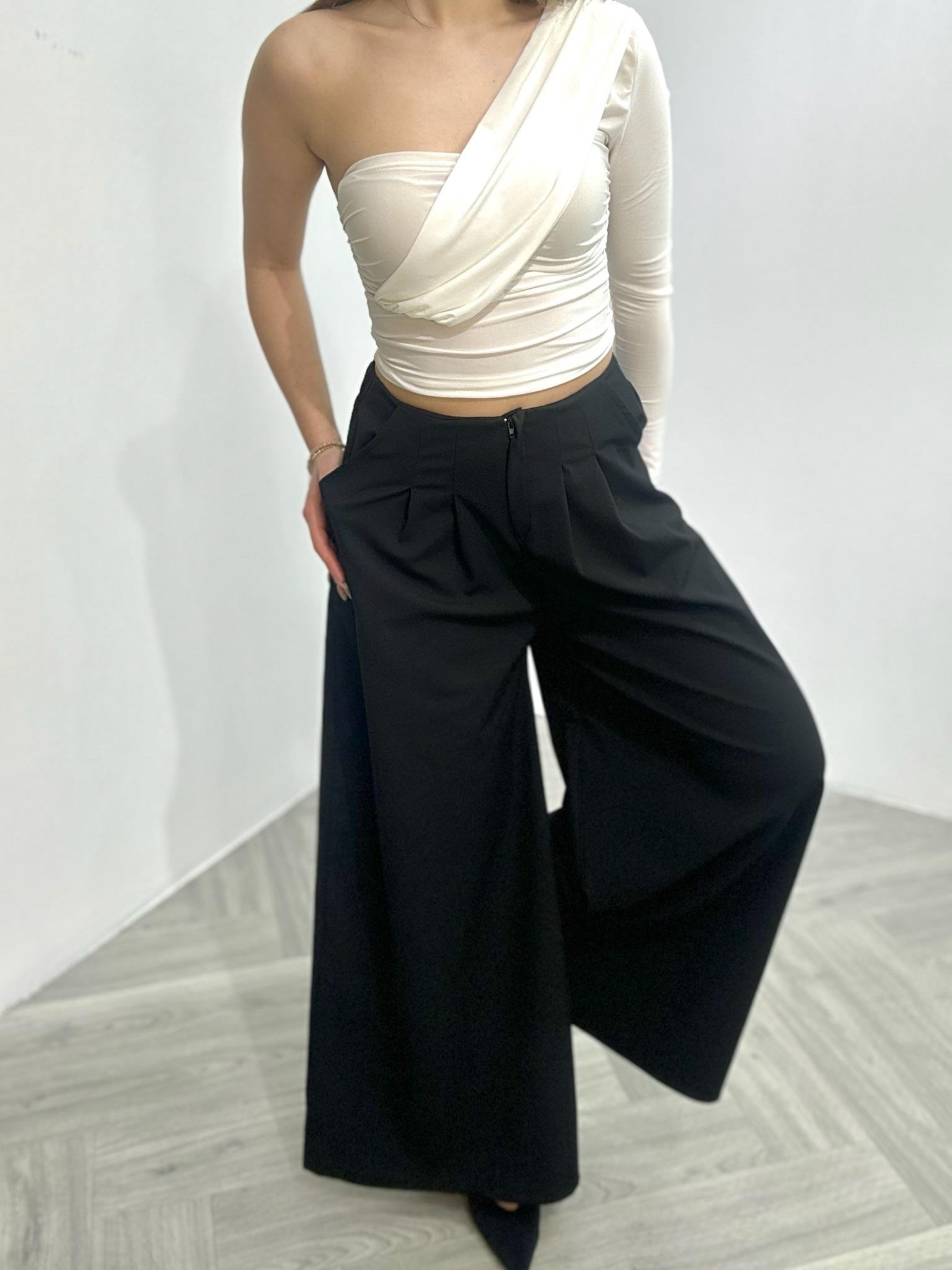 Dubble Kumaş Pile Detay Bel Arkası Lastikli Palazzo Pantolon 