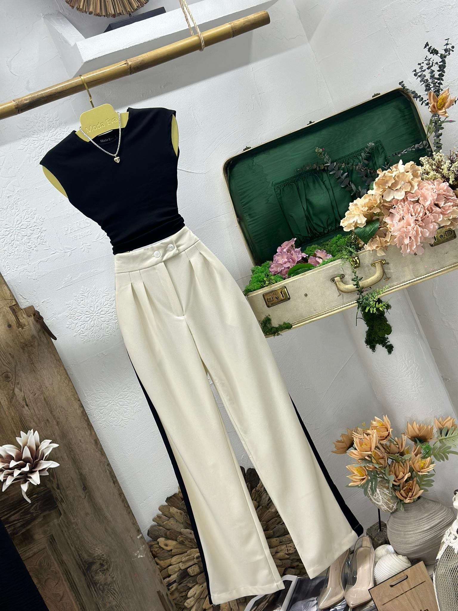 Dubble Kumaş Şeritli Palozzo Pantolon