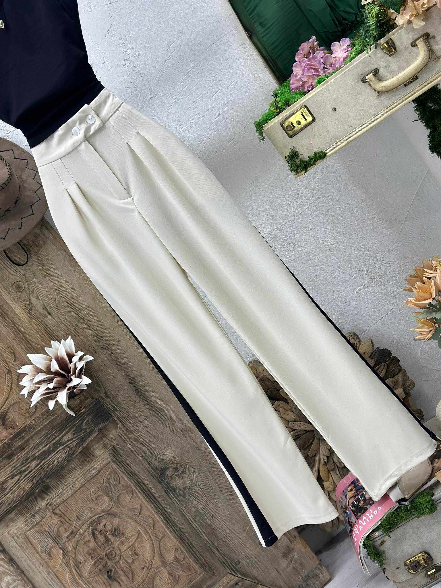 Dubble Kumaş Şeritli Palozzo Pantolon