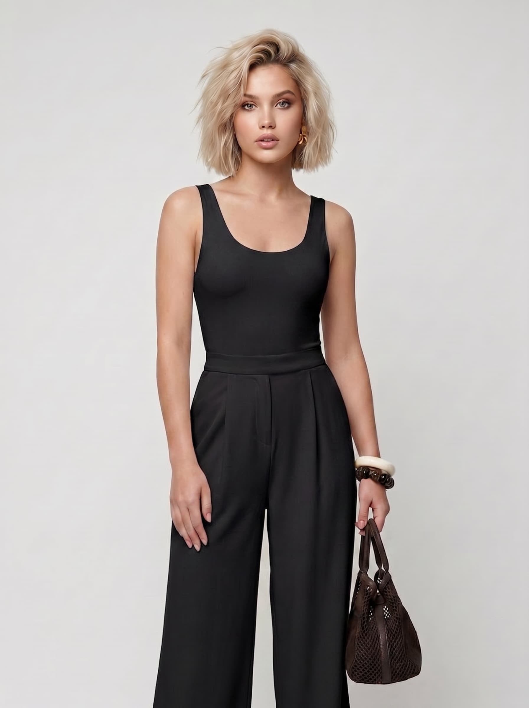 Dubble Kumaş Üstü Kaşkorse Geniş Paça Tasarım Tulum  Siyah