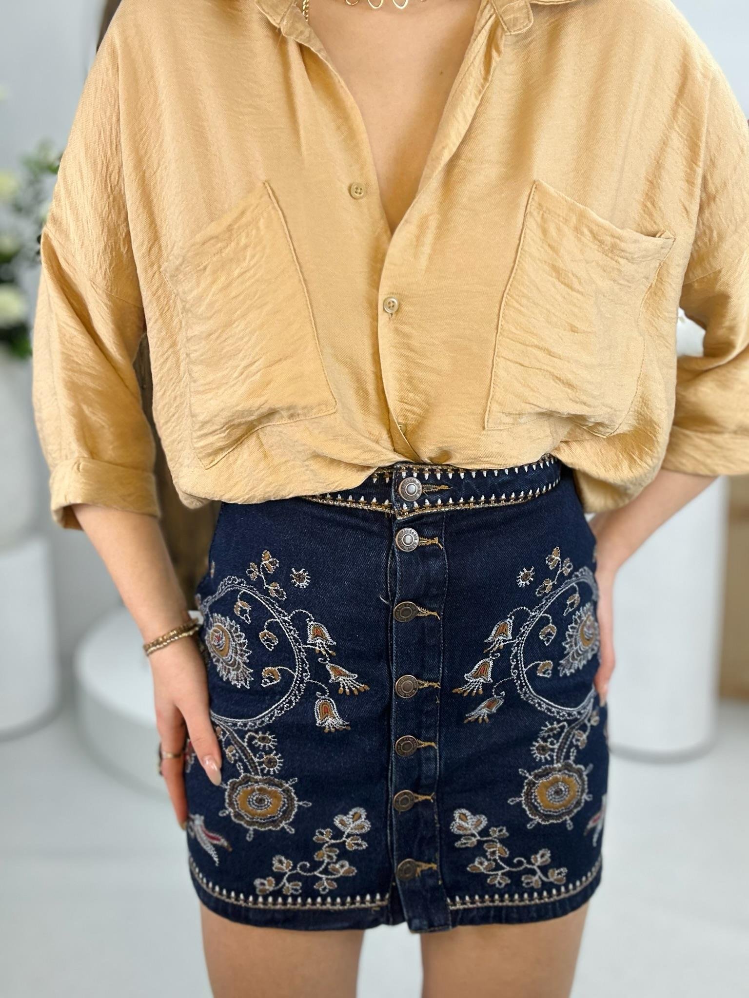 Düğme Detay Nakışlı Str Jean Etek