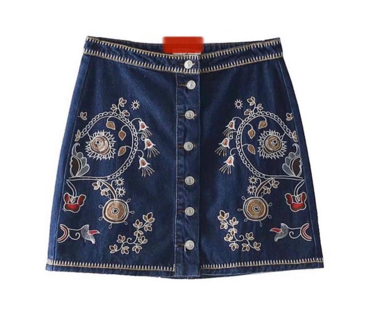 Düğme Detay Nakışlı Str Jean Etek