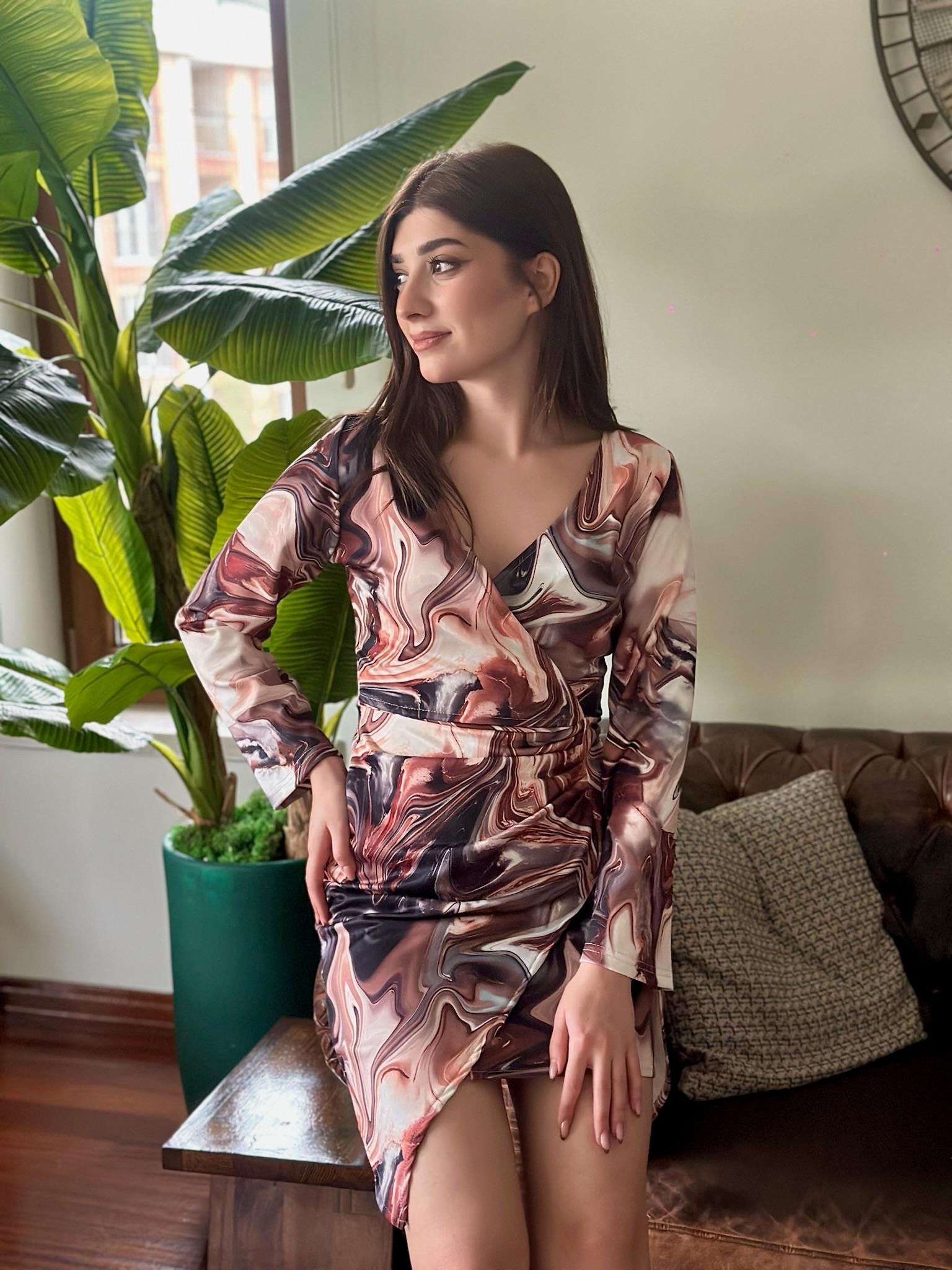 Ebruli Desen Etek Detaylı Modal Elbise 