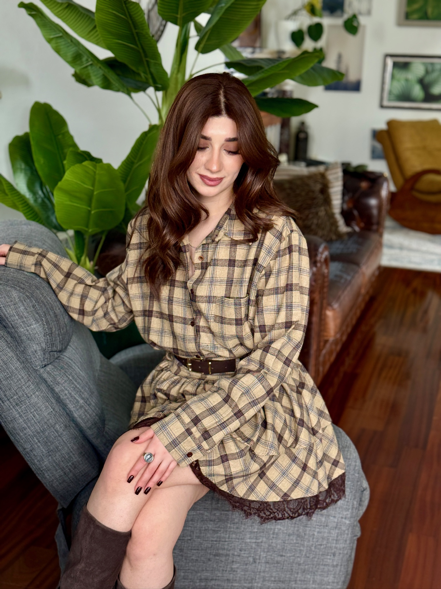 Ekose Desenli Dantel Detaylı Etek& Gömlek Kemer Dahil İkili Takım Bej