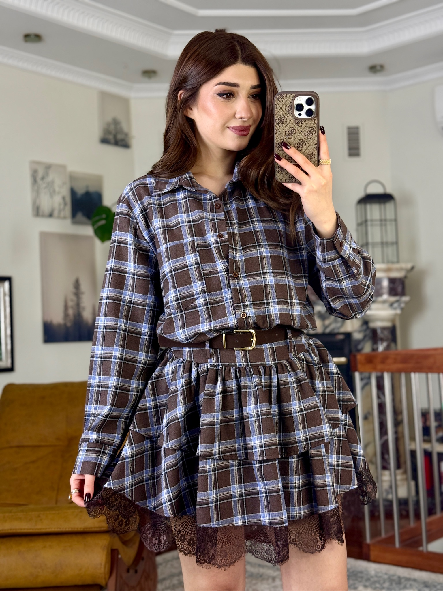 Ekose Desenli Dantel Detaylı Etek& Gömlek Kemer Dahil İkili Takım Mavi