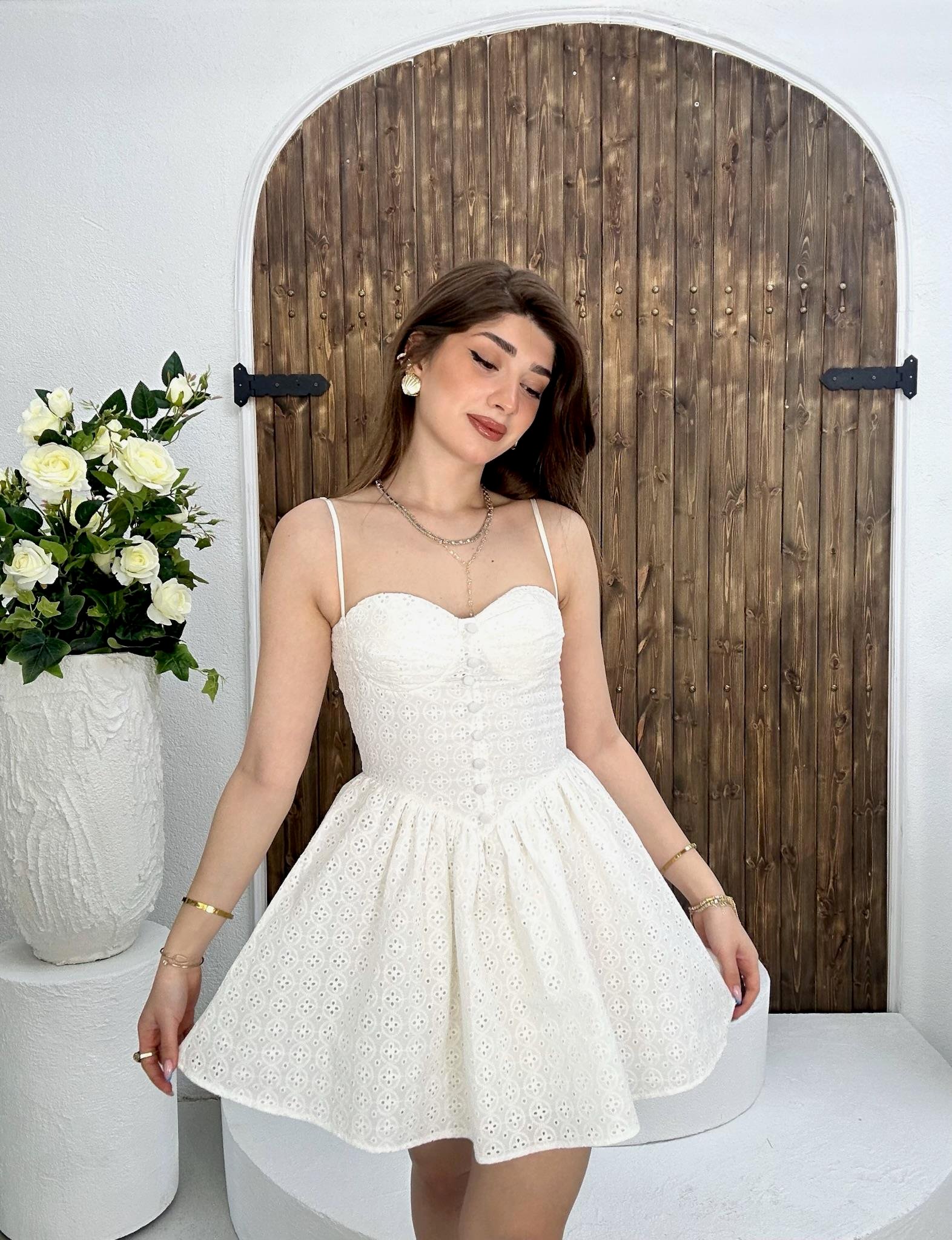 Fisto Vual Kumaş Kaplama Düğmeli Büzgü Etekli Tasarım Elbise 