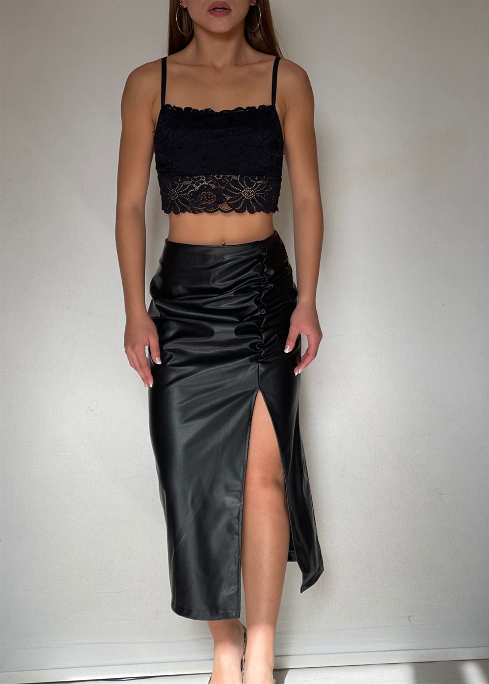 Fitilli Crep Kumaş Beli Lastikli Pantolon Crop İkili Takım