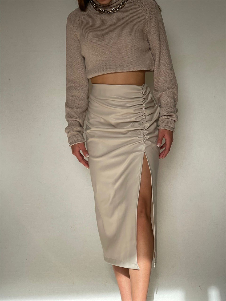 Fitilli Crep Kumaş Beli Lastikli Pantolon Crop İkili Takım