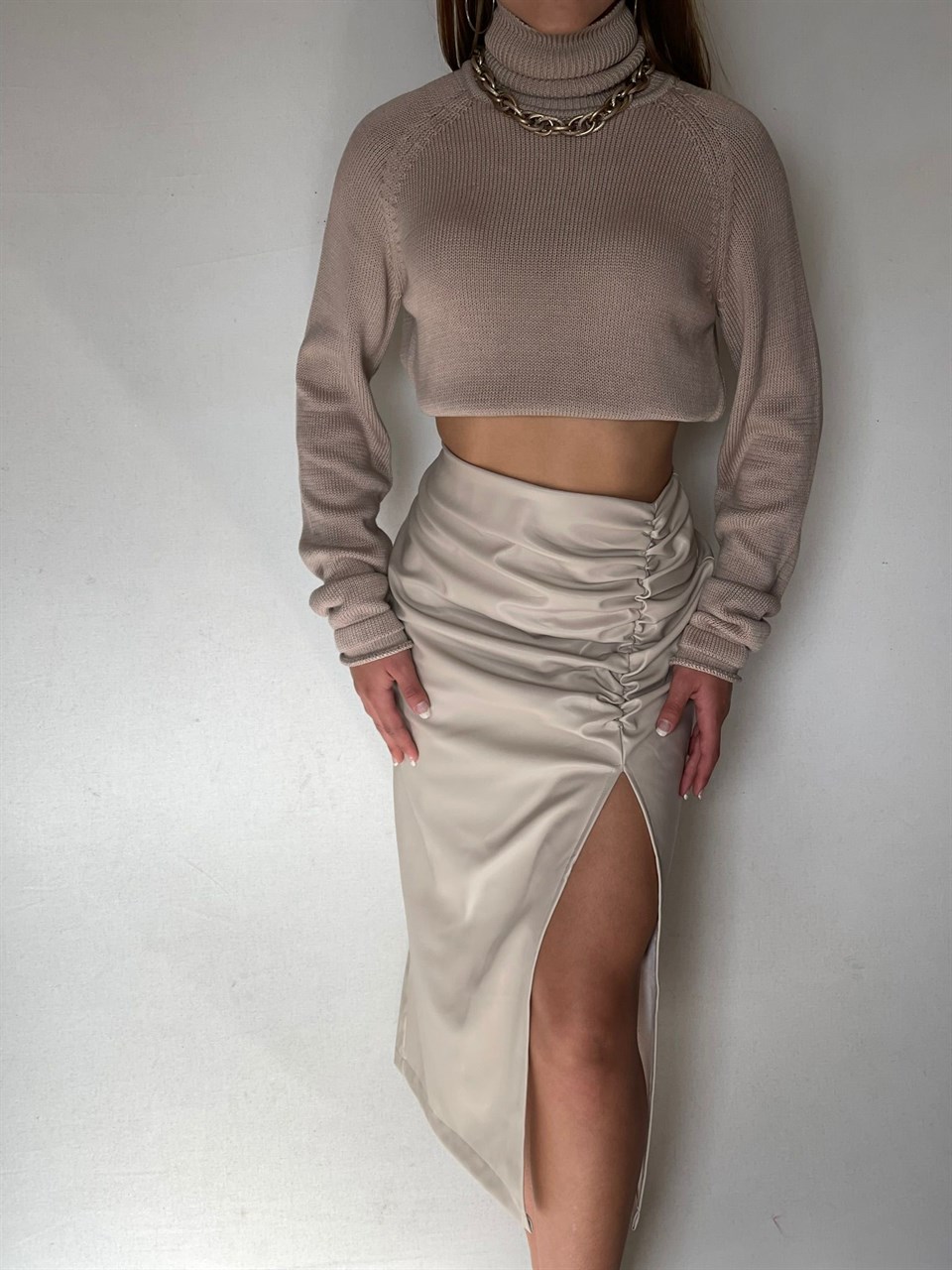 Fitilli Crep Kumaş Beli Lastikli Pantolon Crop İkili Takım