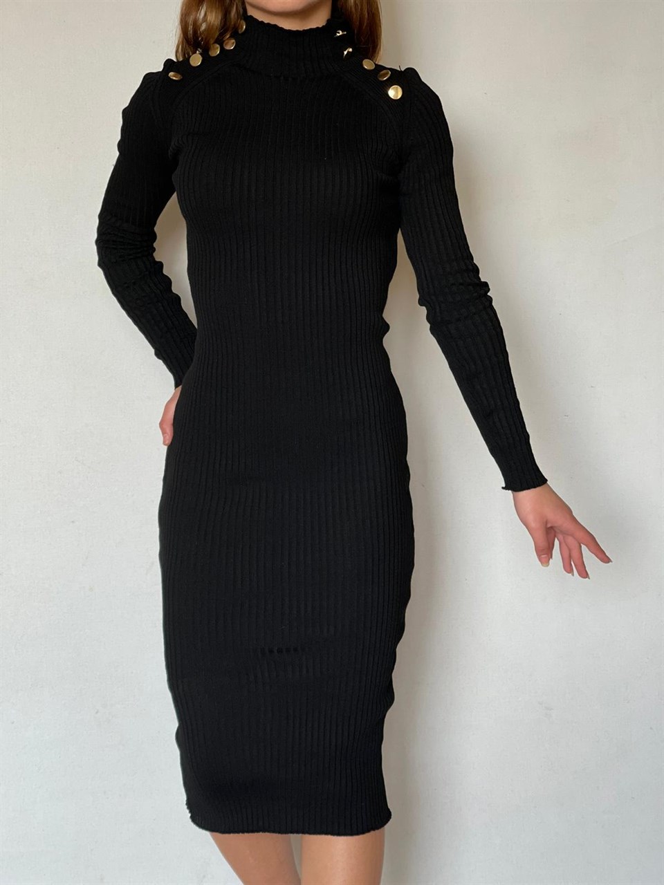 Fitilli Triko Kumaş Omuzlar Düğme Detay Kalem Elbise 