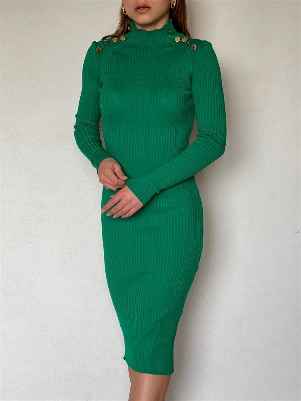 Fitilli Triko Kumaş Omuzlar Düğme Detay Kalem Elbise 