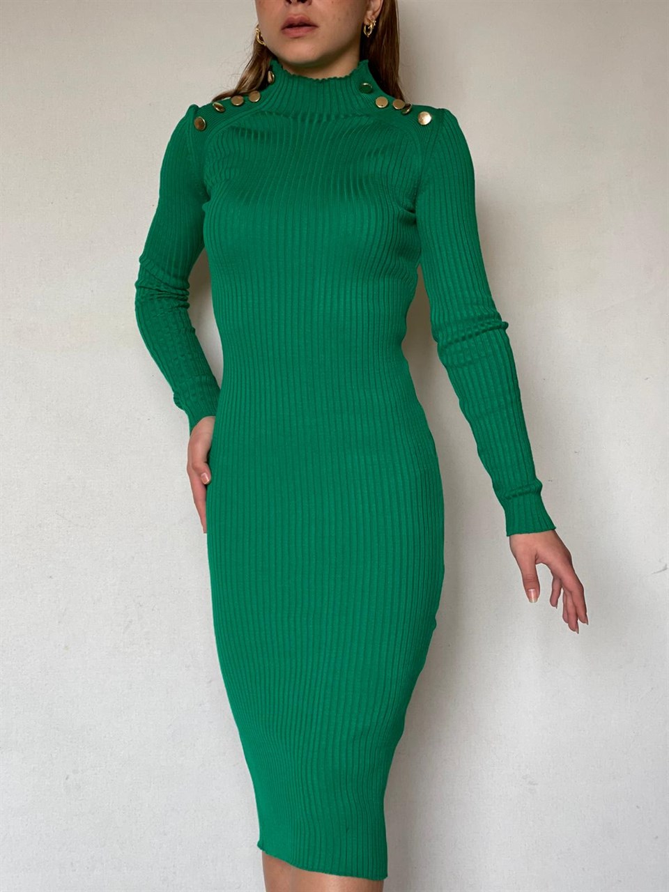 Fitilli Triko Kumaş Omuzlar Düğme Detay Kalem Elbise 