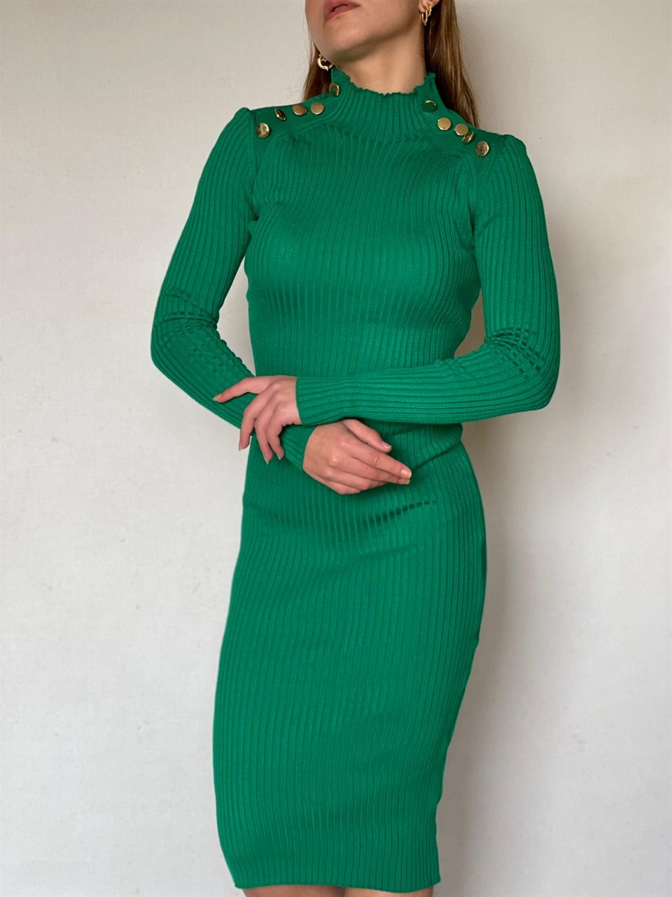 Fitilli Triko Kumaş Omuzlar Düğme Detay Kalem Elbise 