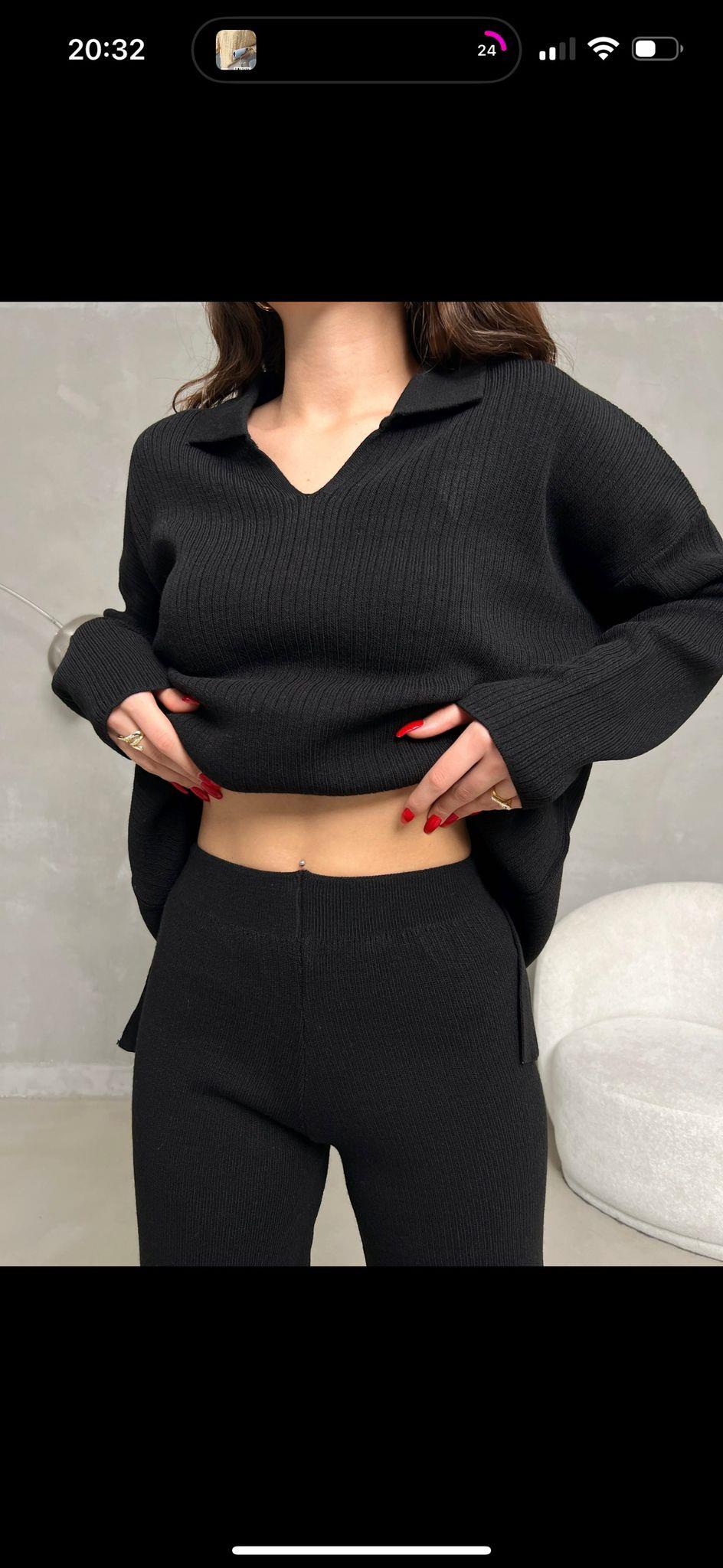 Fitilli Triko Kumaş Polo Yaka Pantolon Bluz İkili Takım 