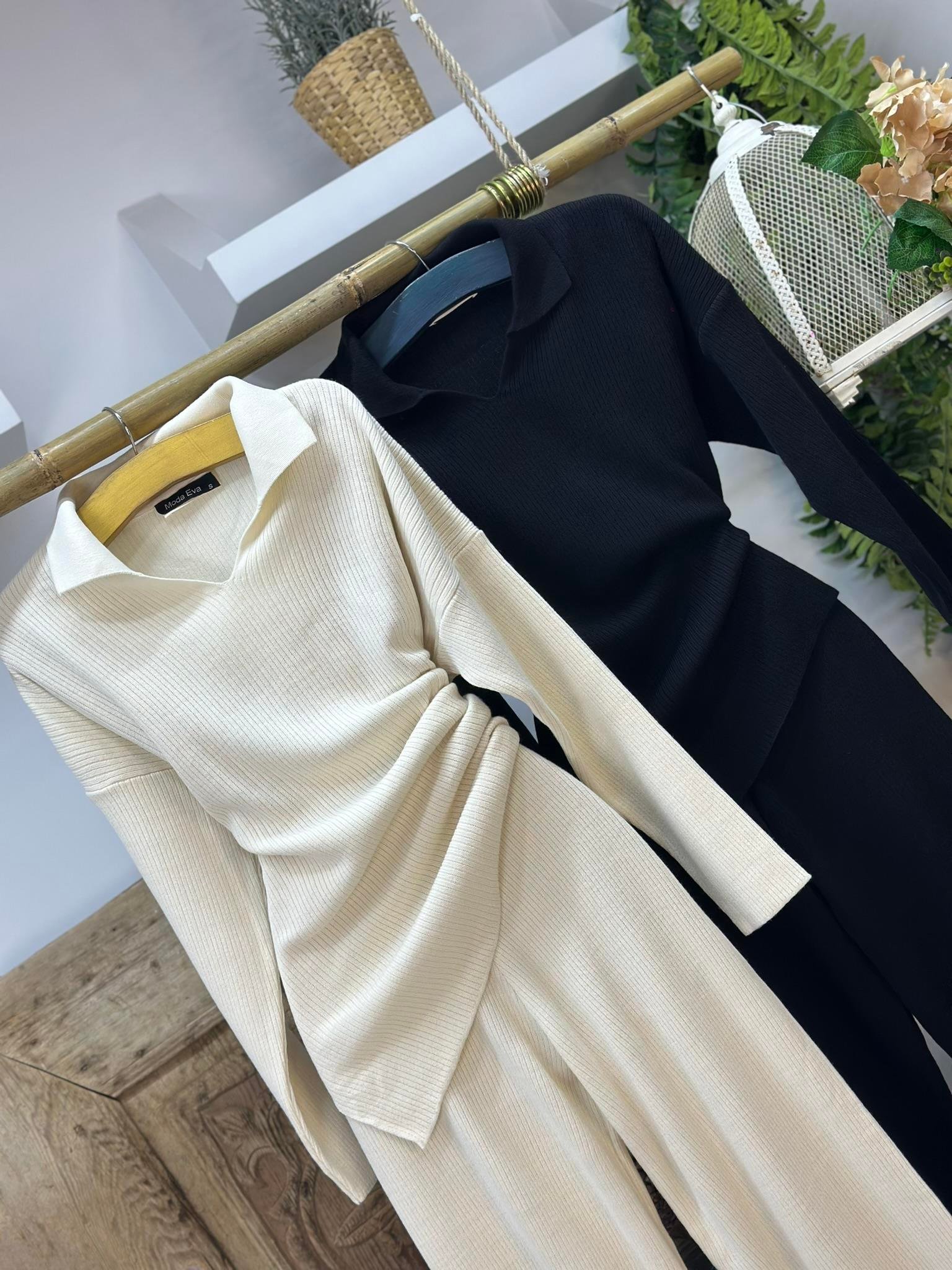 Fitilli Triko Kumaş Polo Yaka Pantolon Bluz İkili Takım 