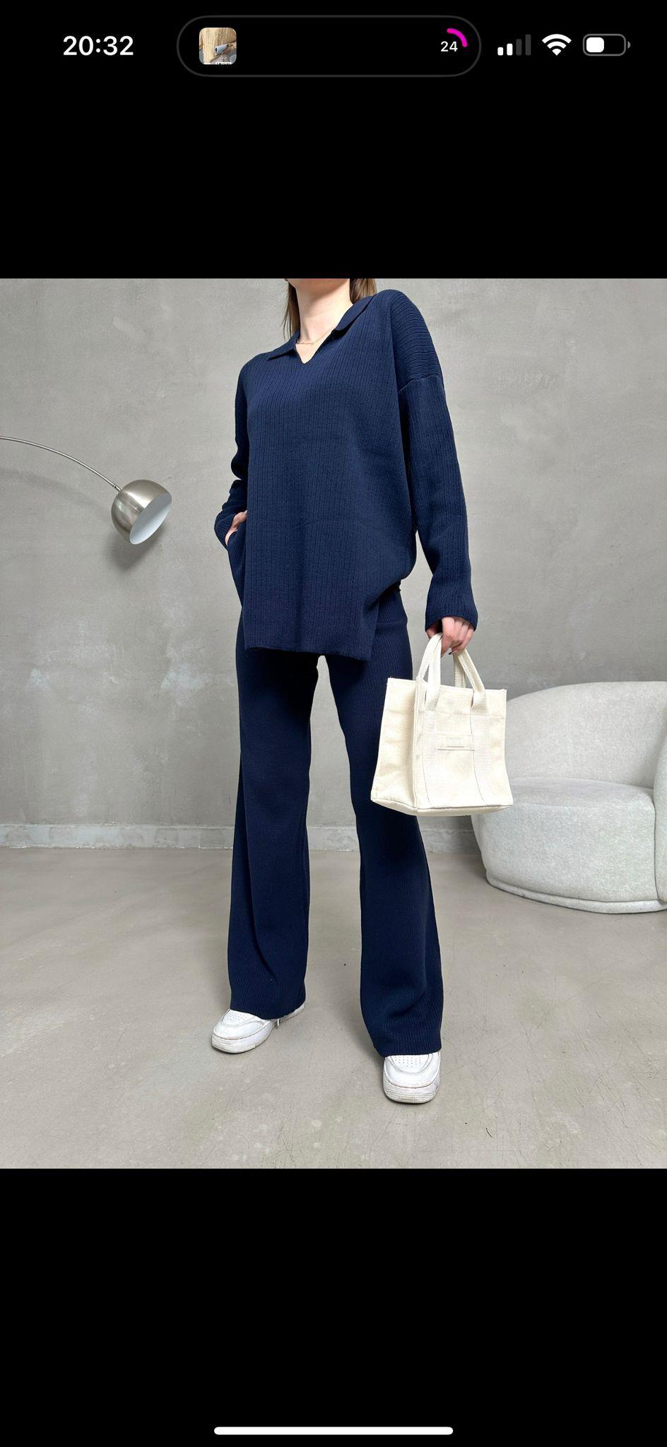Fitilli Triko Kumaş Polo Yaka Pantolon Bluz İkili Takım 