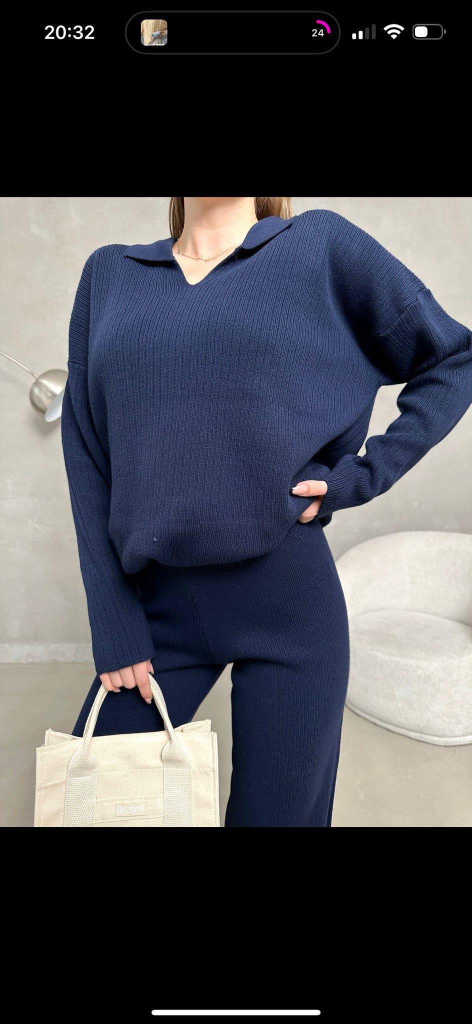Fitilli Triko Kumaş Polo Yaka Pantolon Bluz İkili Takım 