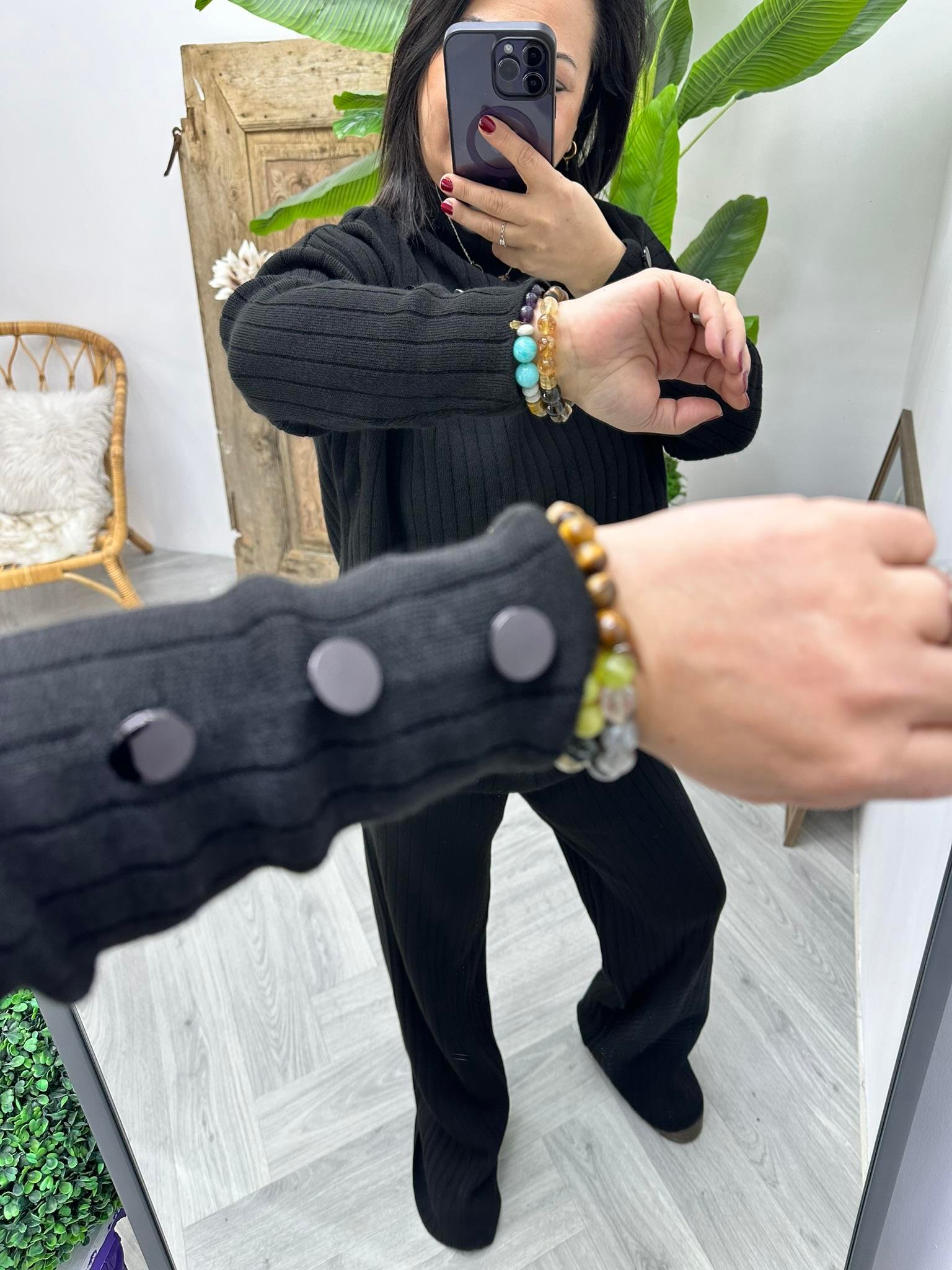 Fitilli Triko Yarım Balıkçı Pantolonlu İkili Siyah Takım