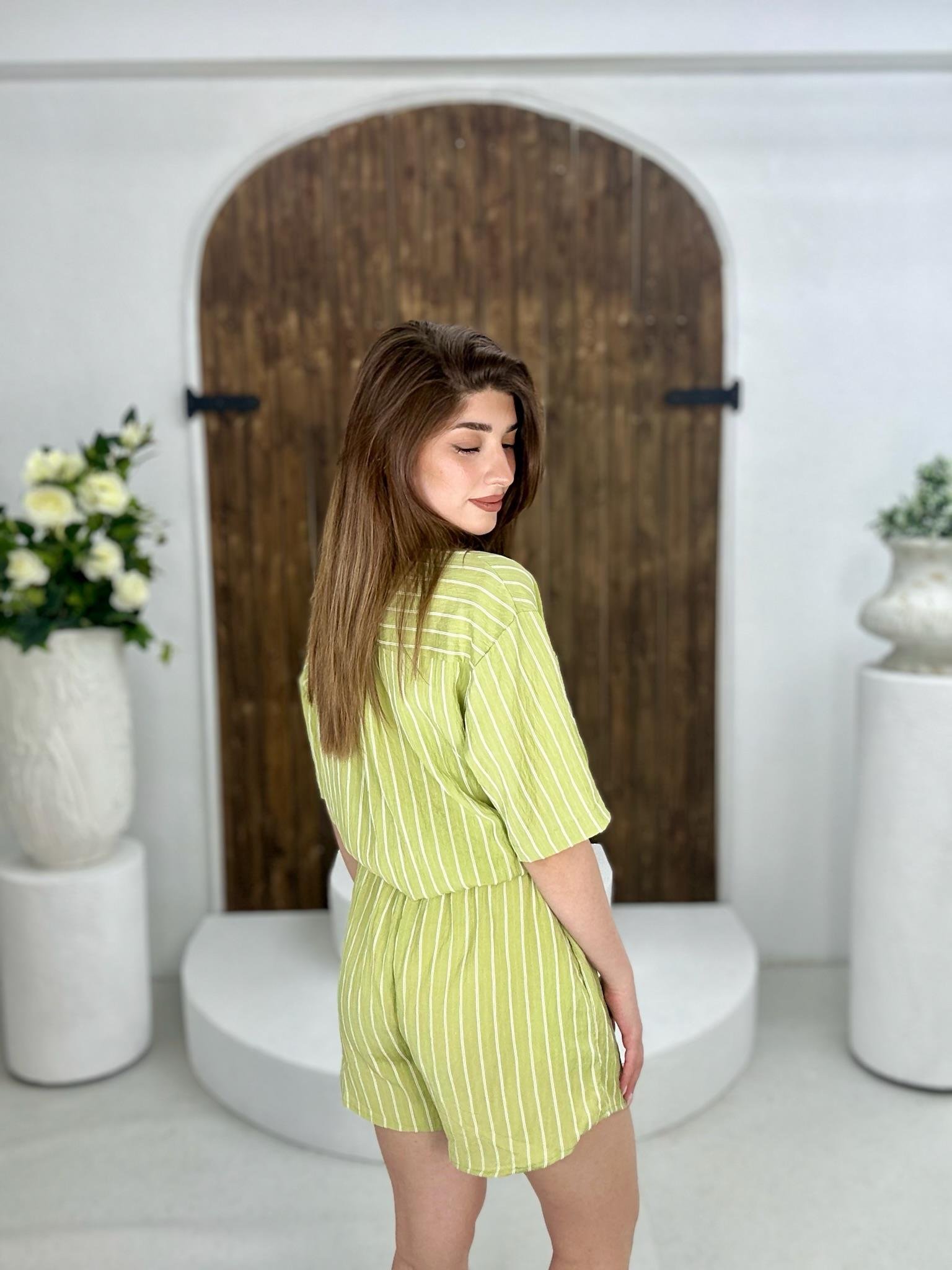 Flam Keten Kumaş Çizgi Desen Gömlek Şort İkili Takım Yeşil