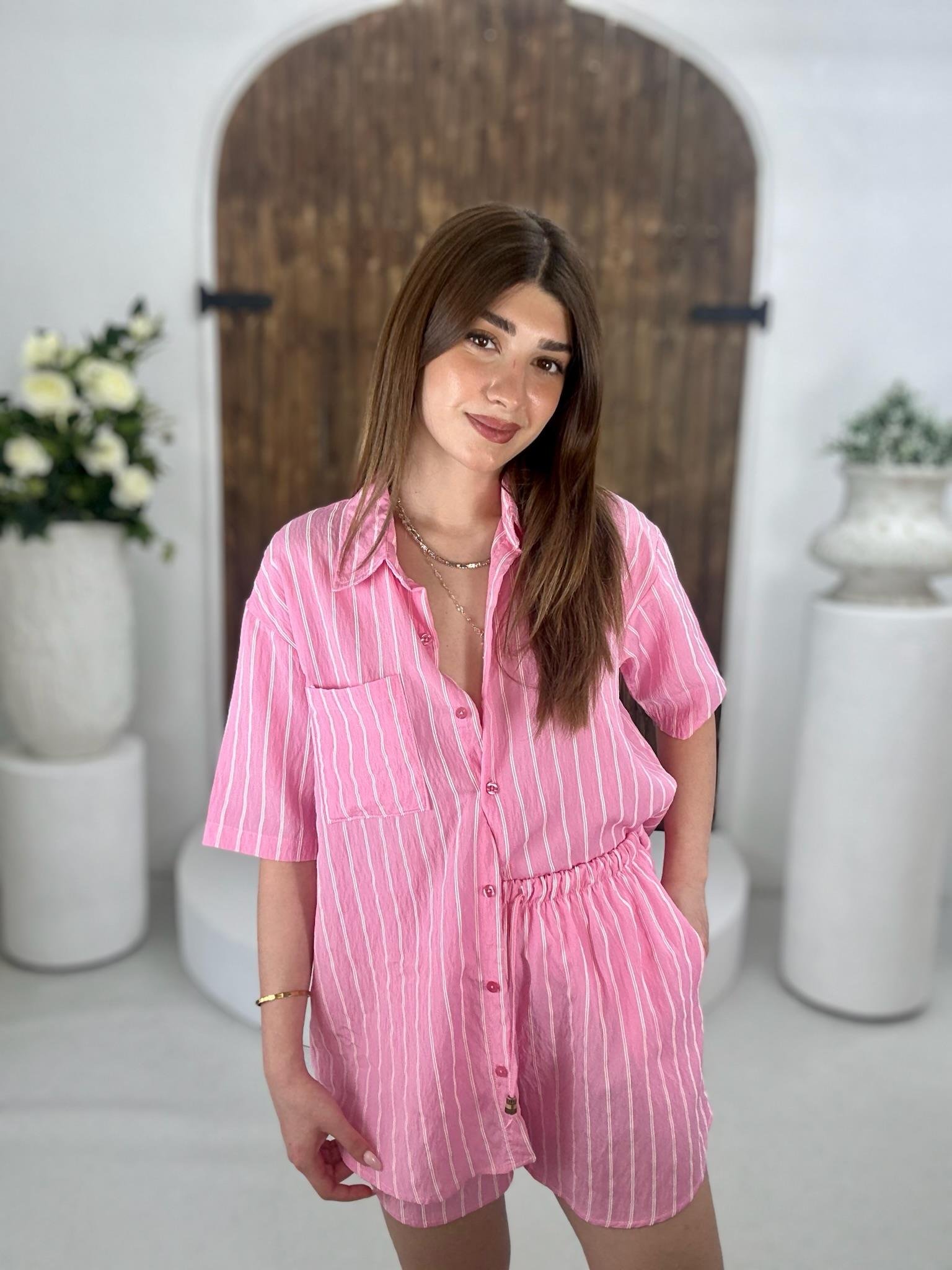 Flam Keten Kumaş Çizgi Desen Gömlek Şort İkili Takım Pembe