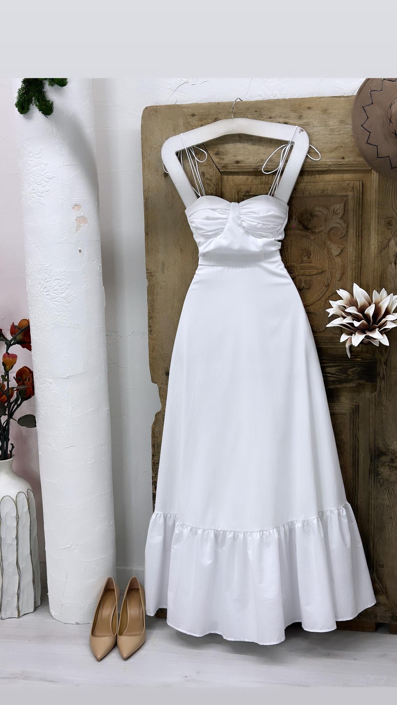 Flam Keten Kumaş Göğüs Dolgulu   İnce Askılı Uzun Elbise