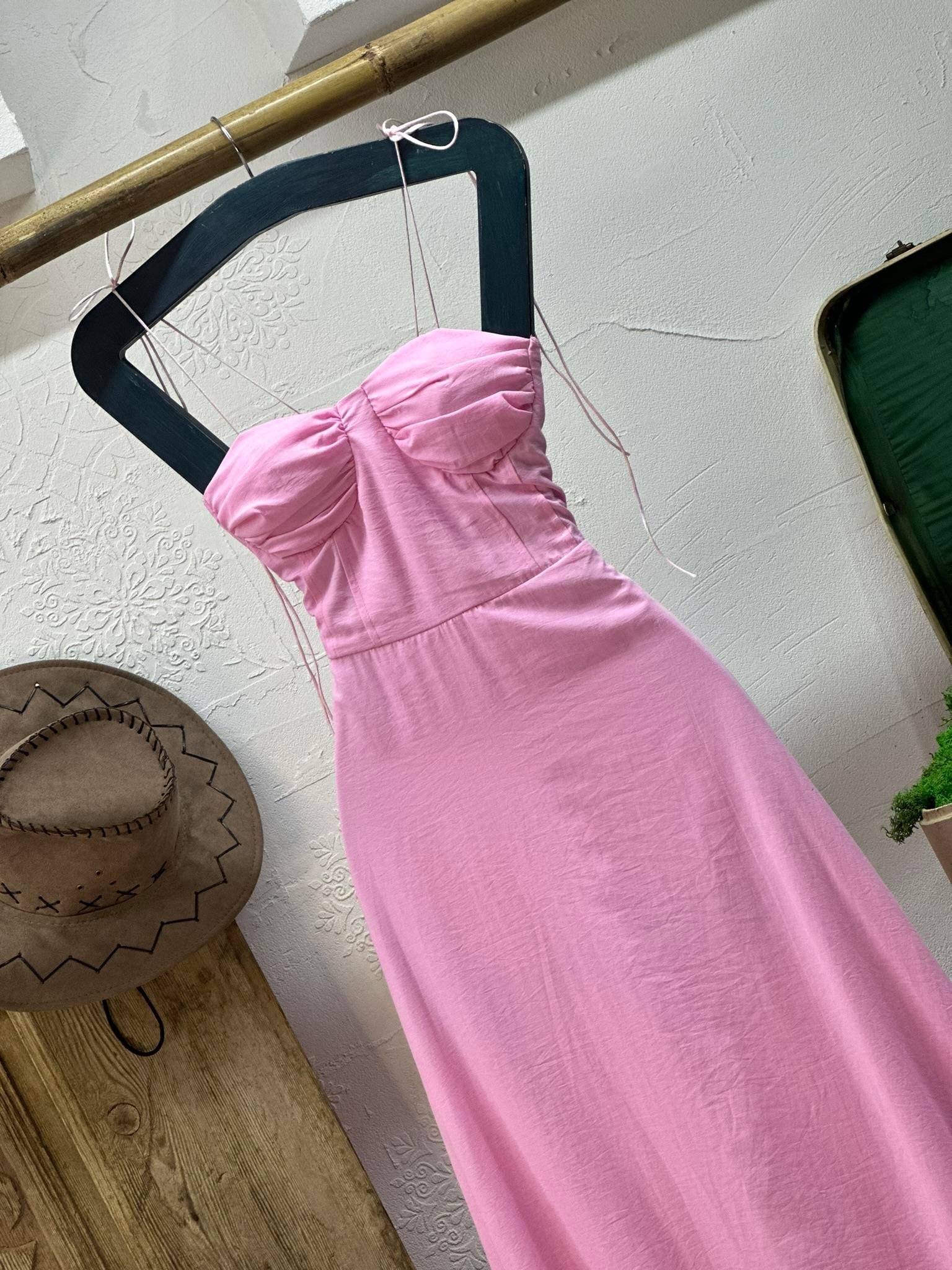 Flam Keten Kumaş Göğüs Dolgulu   İnce Askılı Uzun Elbise