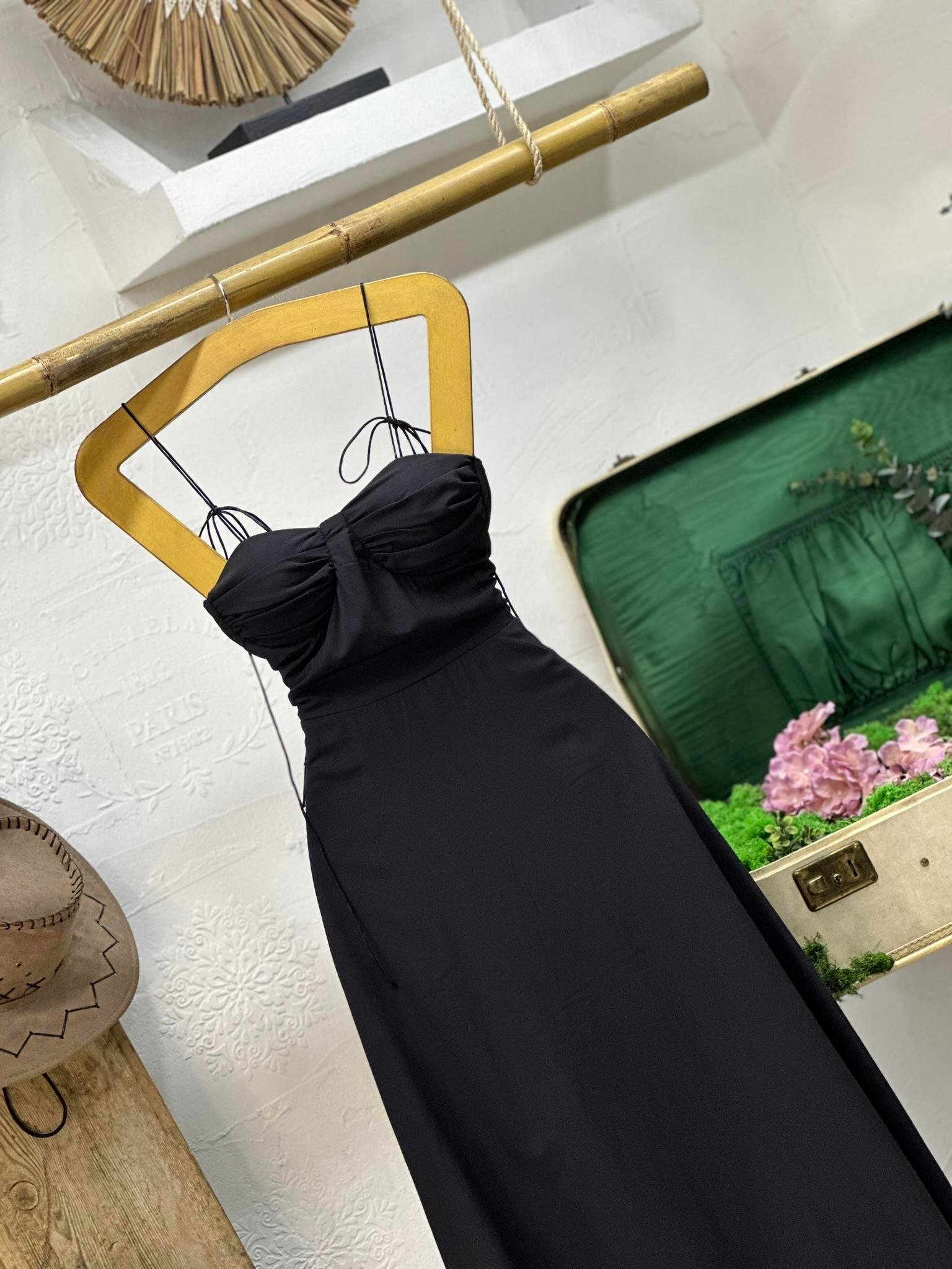 Flam Keten Kumaş Göğüs Dolgulu   İnce Askılı Uzun Elbise