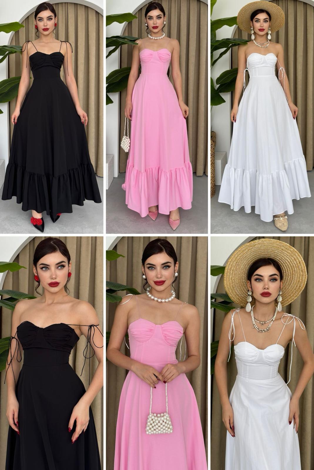 Flam Keten Kumaş Göğüs Dolgulu   İnce Askılı Uzun Elbise