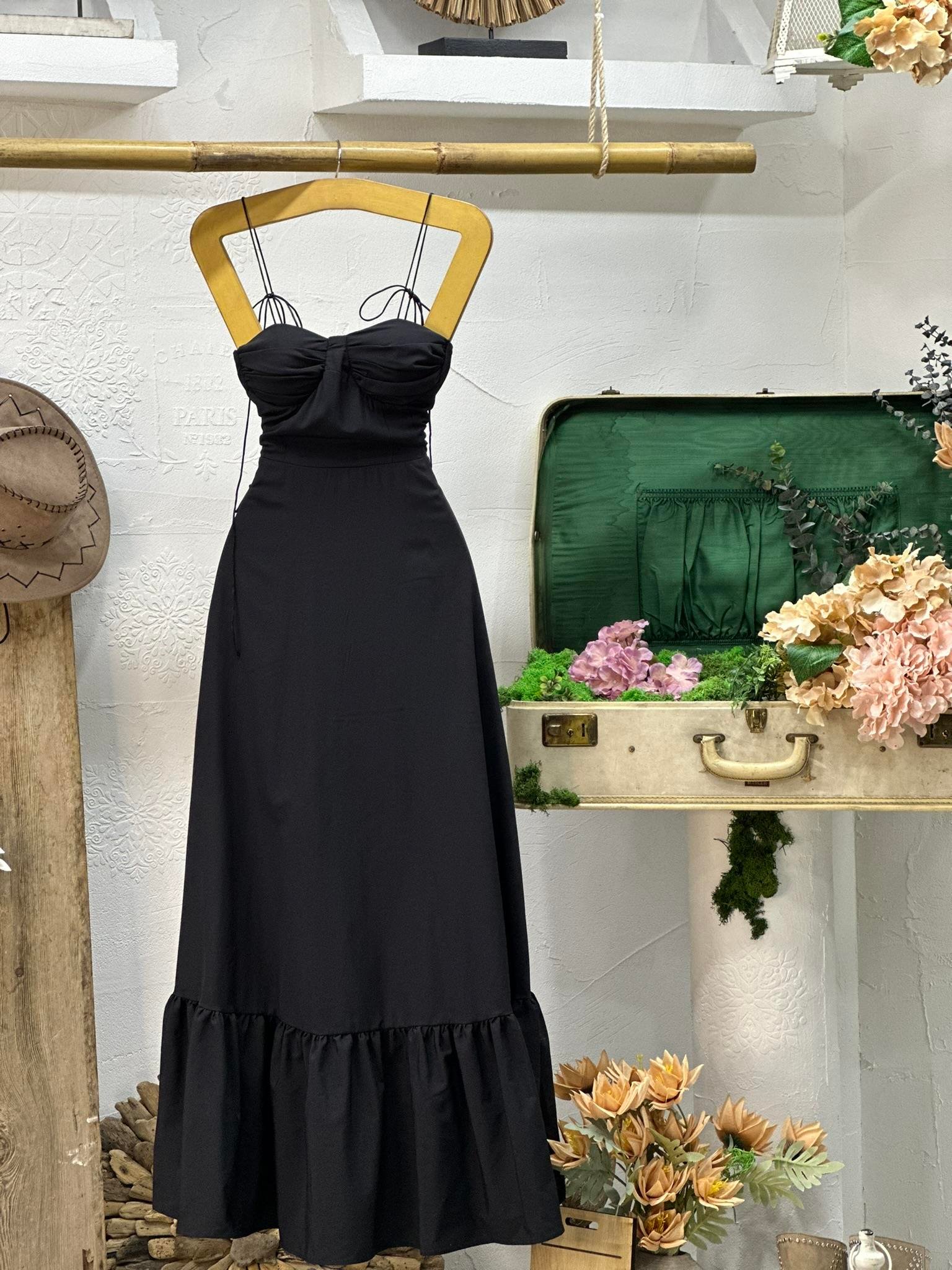 Flam Keten Kumaş Göğüs Dolgulu   İnce Askılı Uzun Elbise