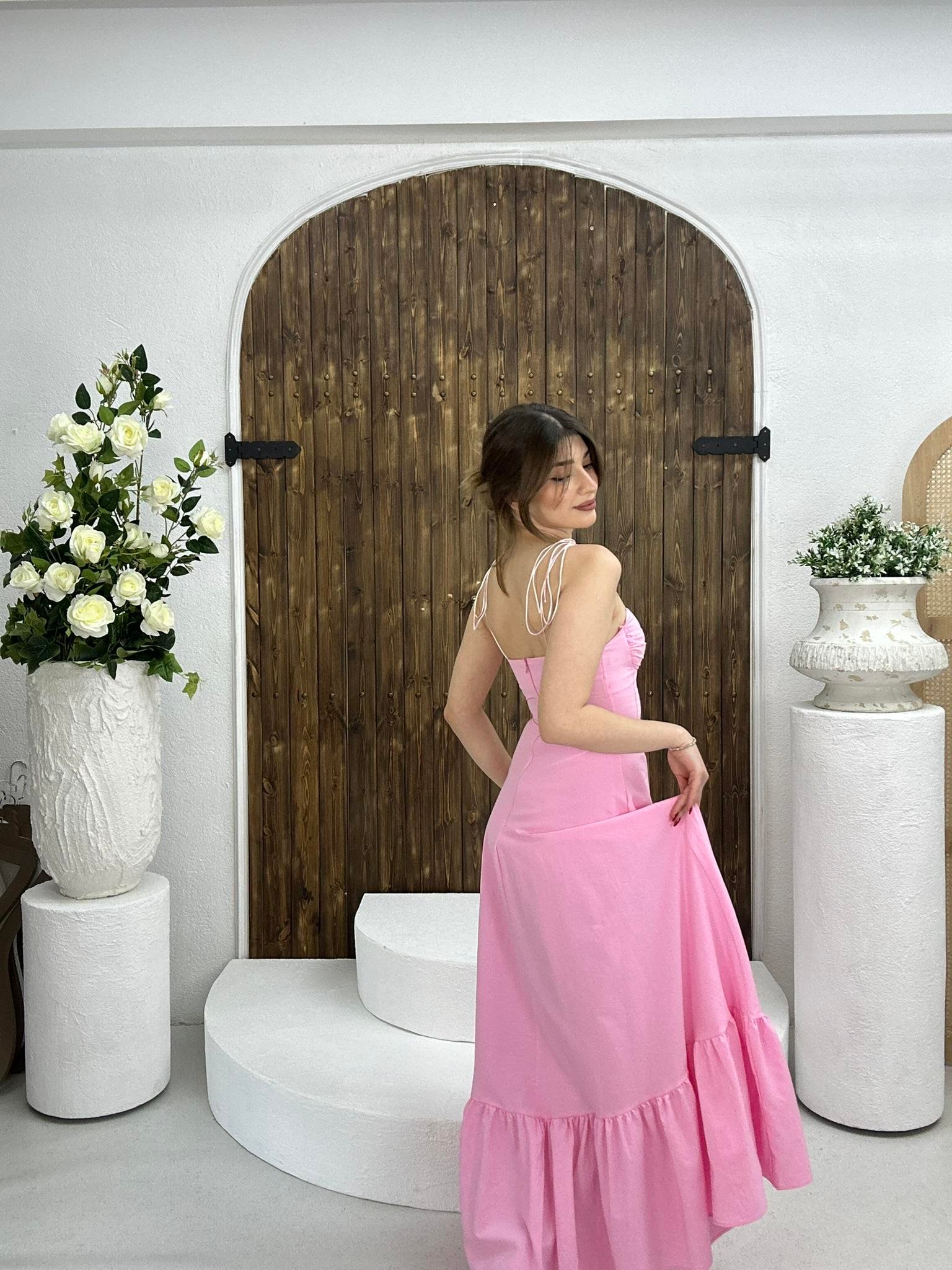 Flam Keten Kumaş Göğüs Dolgulu   İnce Askılı Uzun Elbise