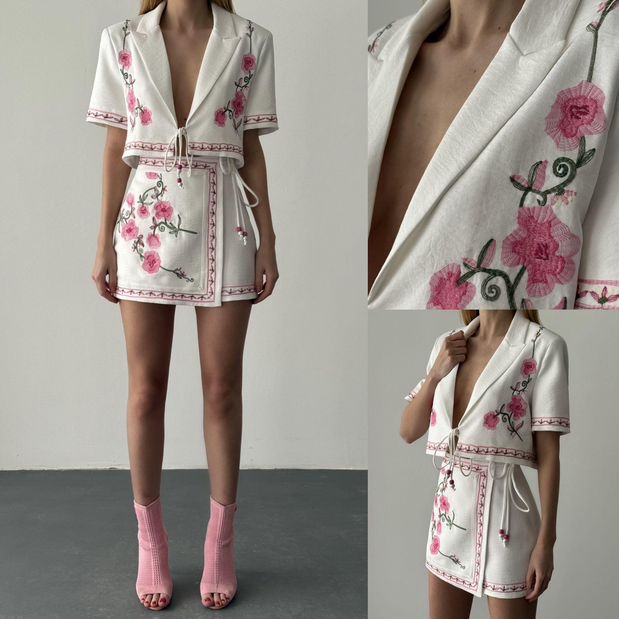 Flam Keten Kumaş Nakışlı Bağcık Detay Ceket