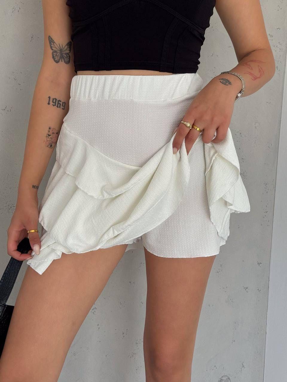 Flam Keten Kumaş Şort Astarlı Kat Kat Etek 