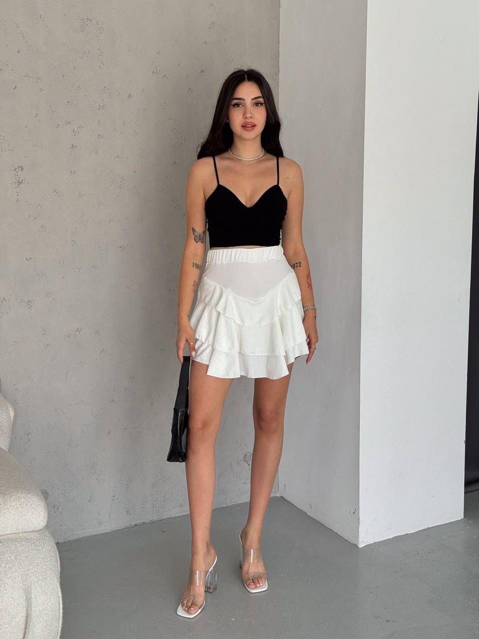 Flam Keten Kumaş Şort Astarlı Kat Kat Etek 