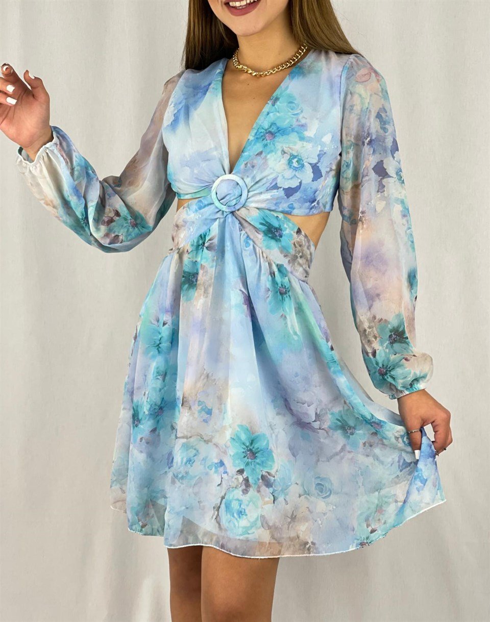 Floral Desen Sırt Ve Bel Dekolteli Şifon Elbise