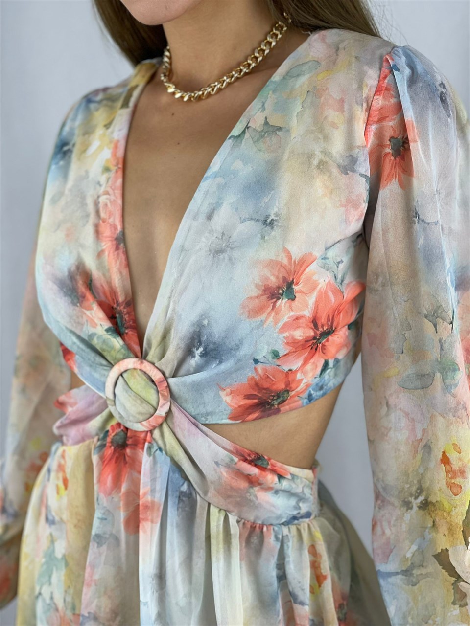 Floral Desen Sırt Ve Bel Dekolteli Şifon Elbise