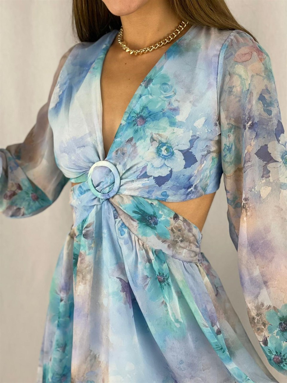 Floral Desen Sırt Ve Bel Dekolteli Şifon Elbise