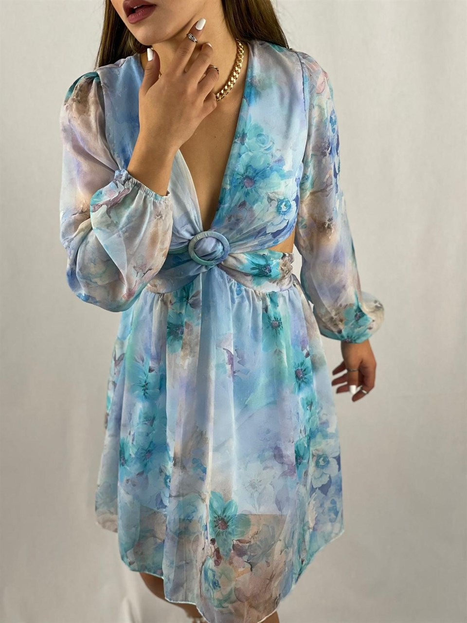 Floral Desen Sırt Ve Bel Dekolteli Şifon Elbise
