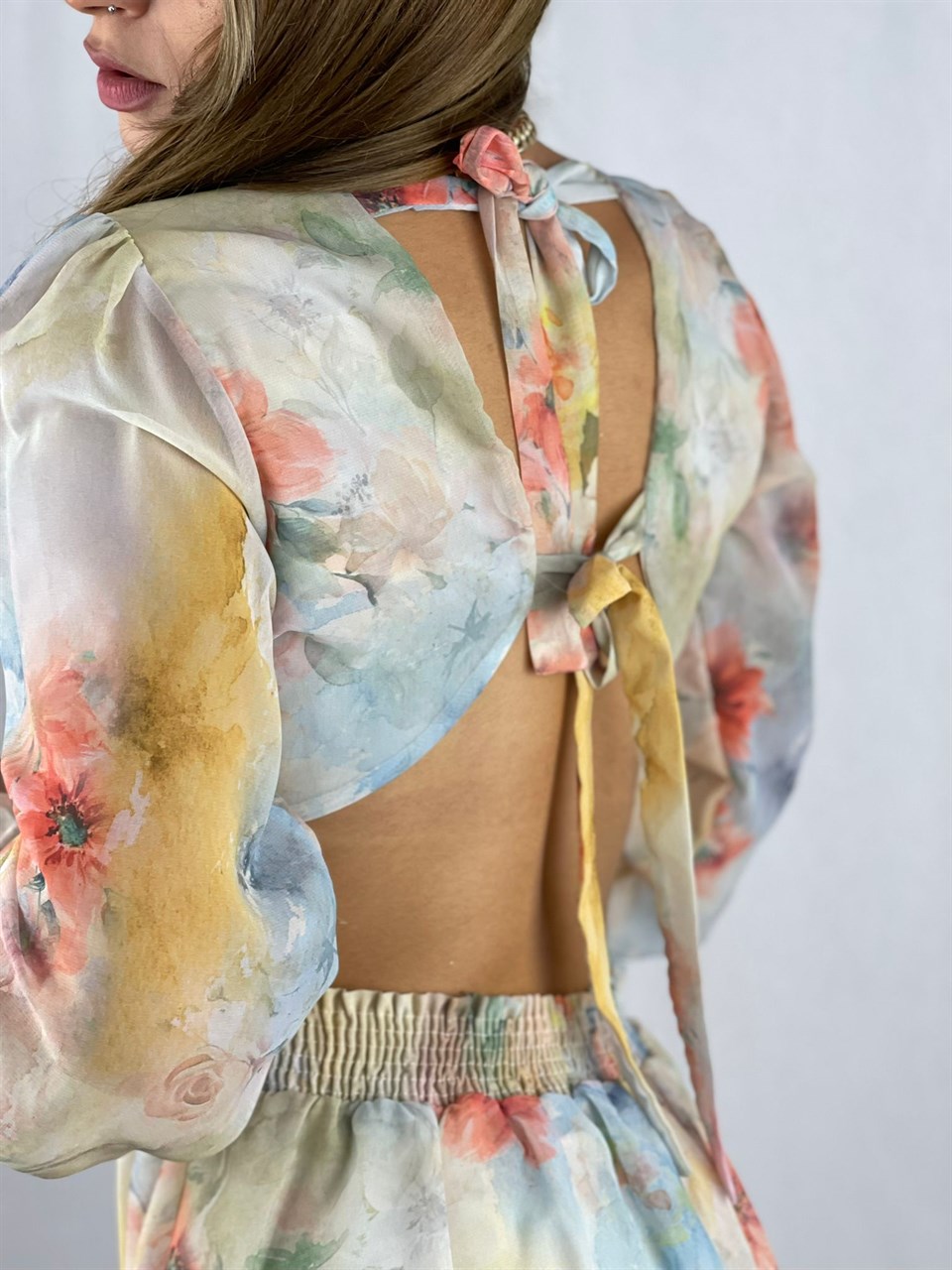 Floral Desen Sırt Ve Bel Dekolteli Şifon Elbise