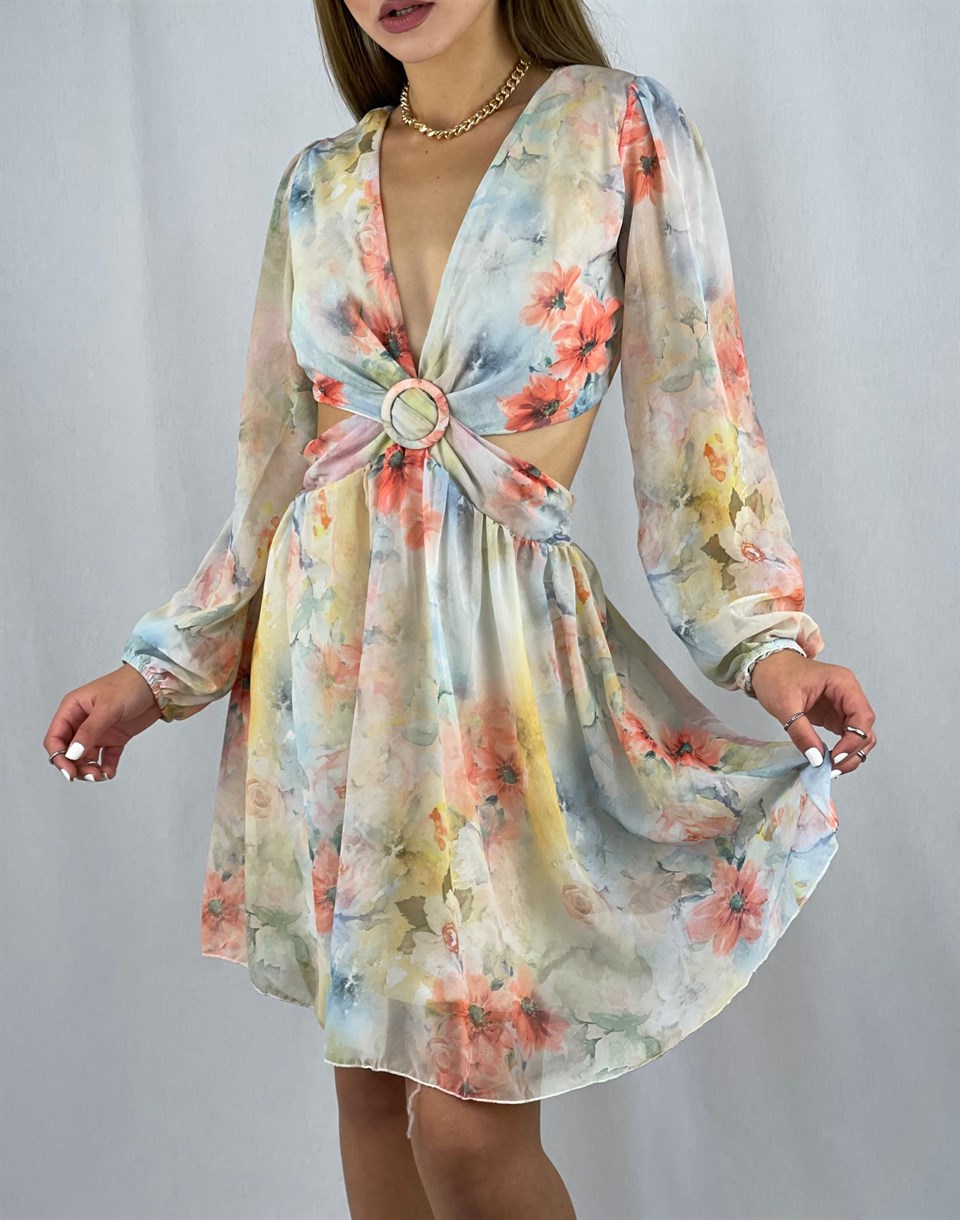 Floral Desen Sırt Ve Bel Dekolteli Şifon Elbise