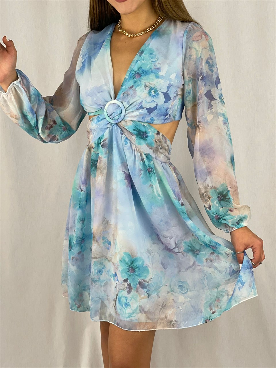 Floral Desen Sırt Ve Bel Dekolteli Şifon Elbise