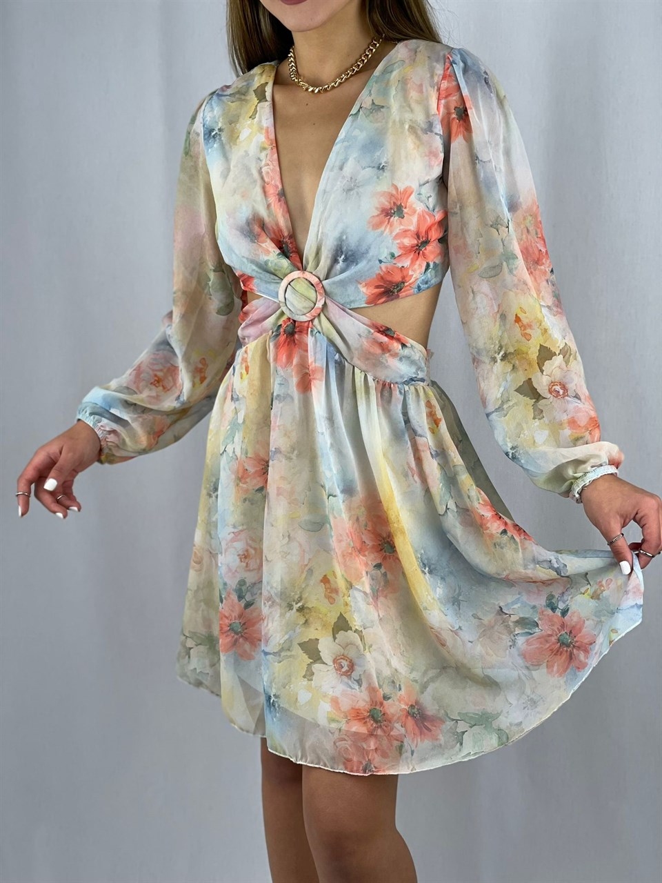 Floral Desen Sırt Ve Bel Dekolteli Şifon Elbise