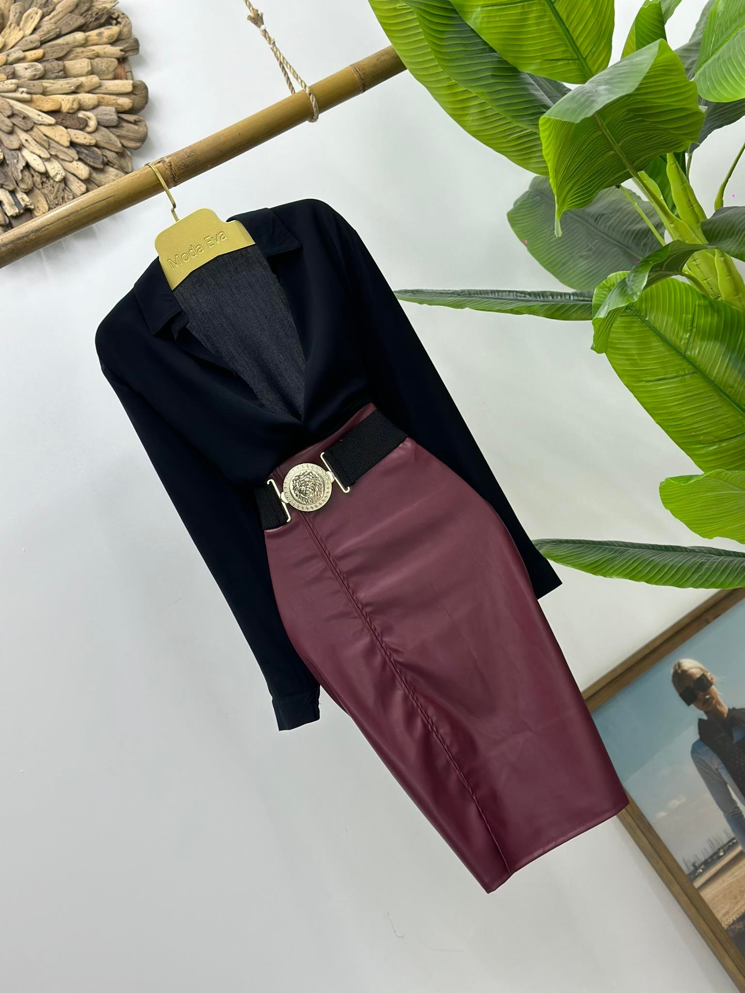 Full Likralı Fermuarsız Yırtmaçlı Pu Deri Bordo Kalem Etek