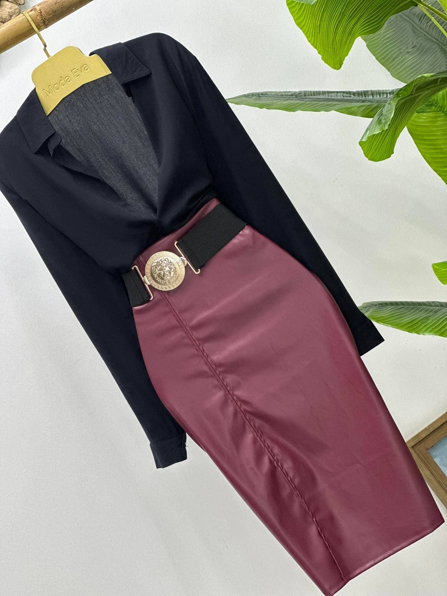 Full Likralı Fermuarsız Yırtmaçlı Pu Deri Bordo Kalem Etek