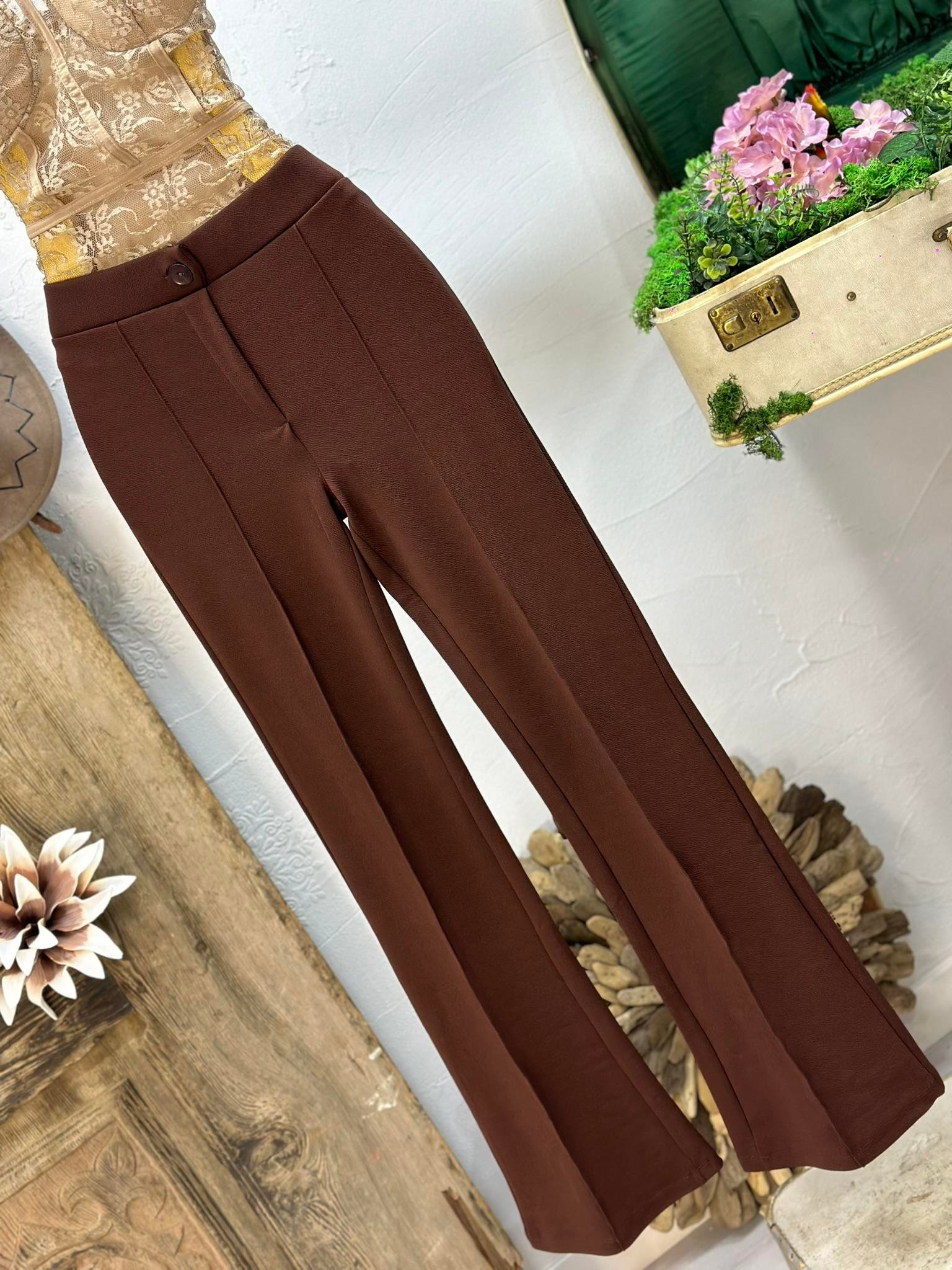 Full Likralı Jakarlı Kumaş Yüksek Bel İspanyol Pantolon