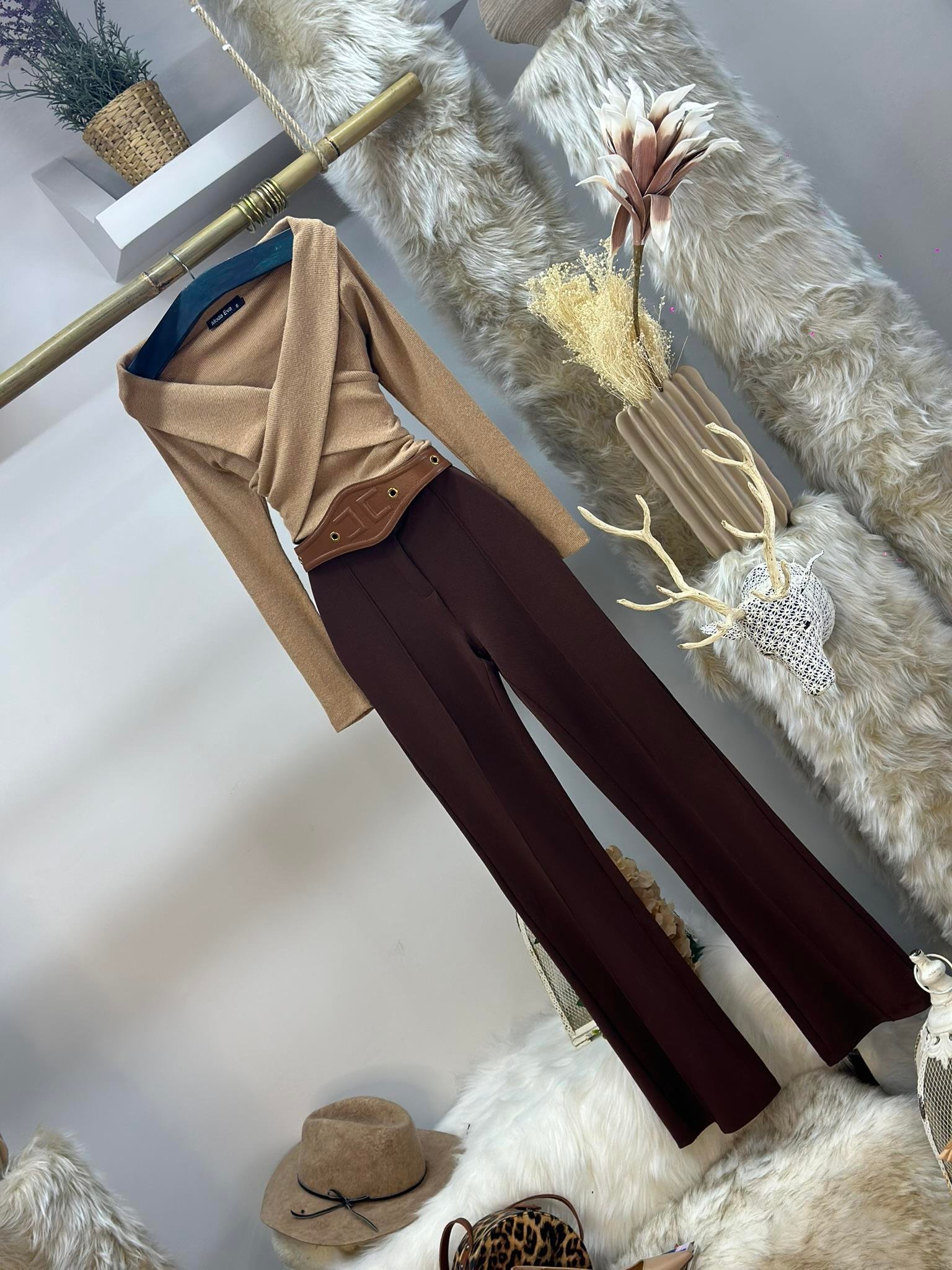 Full Likralı Jakarlı Kumaş Yüksek Bel Pantolon