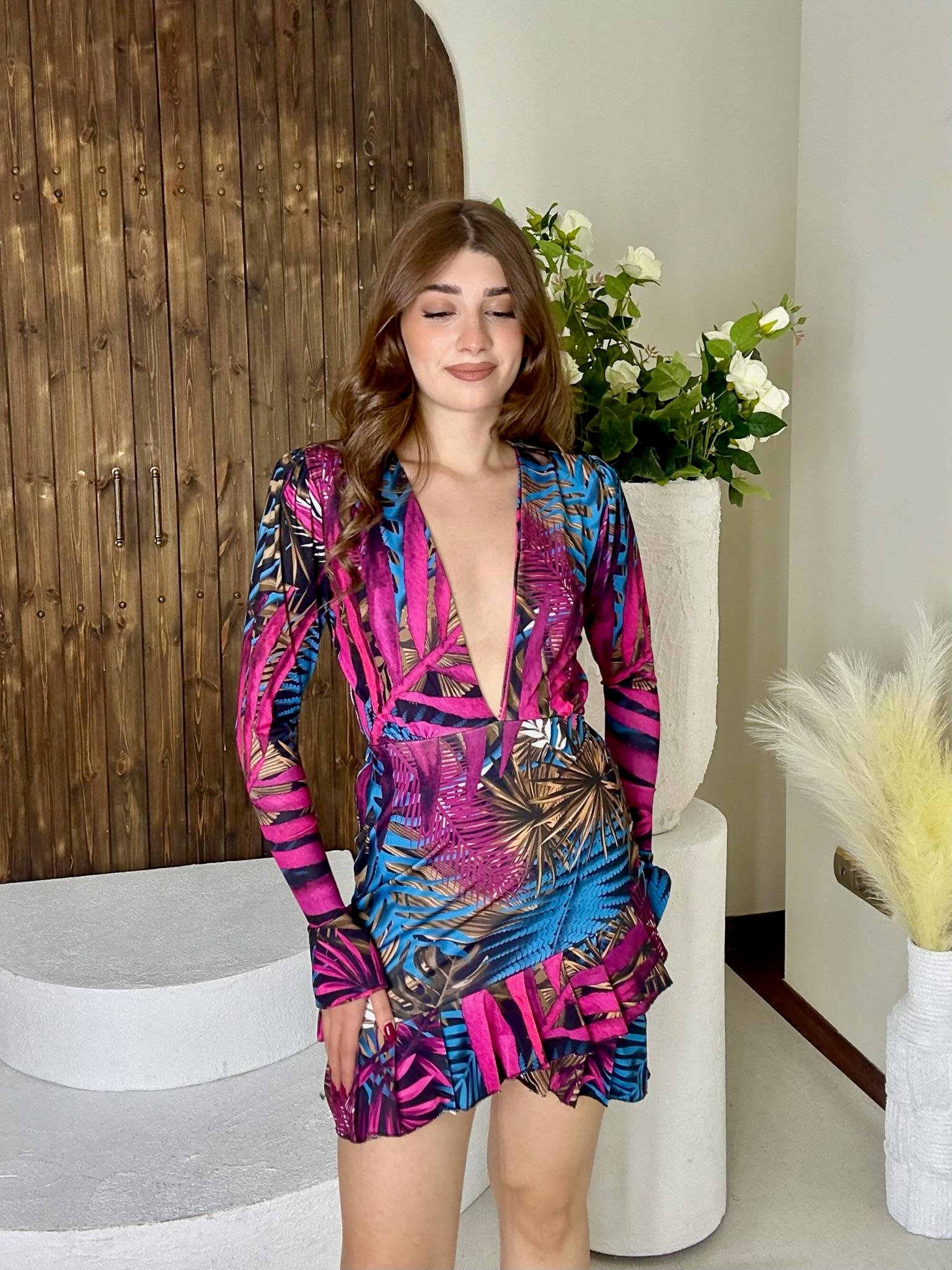 Full Likralı Micro Kumaş Derin V Yaka Desenli Elbise Mor