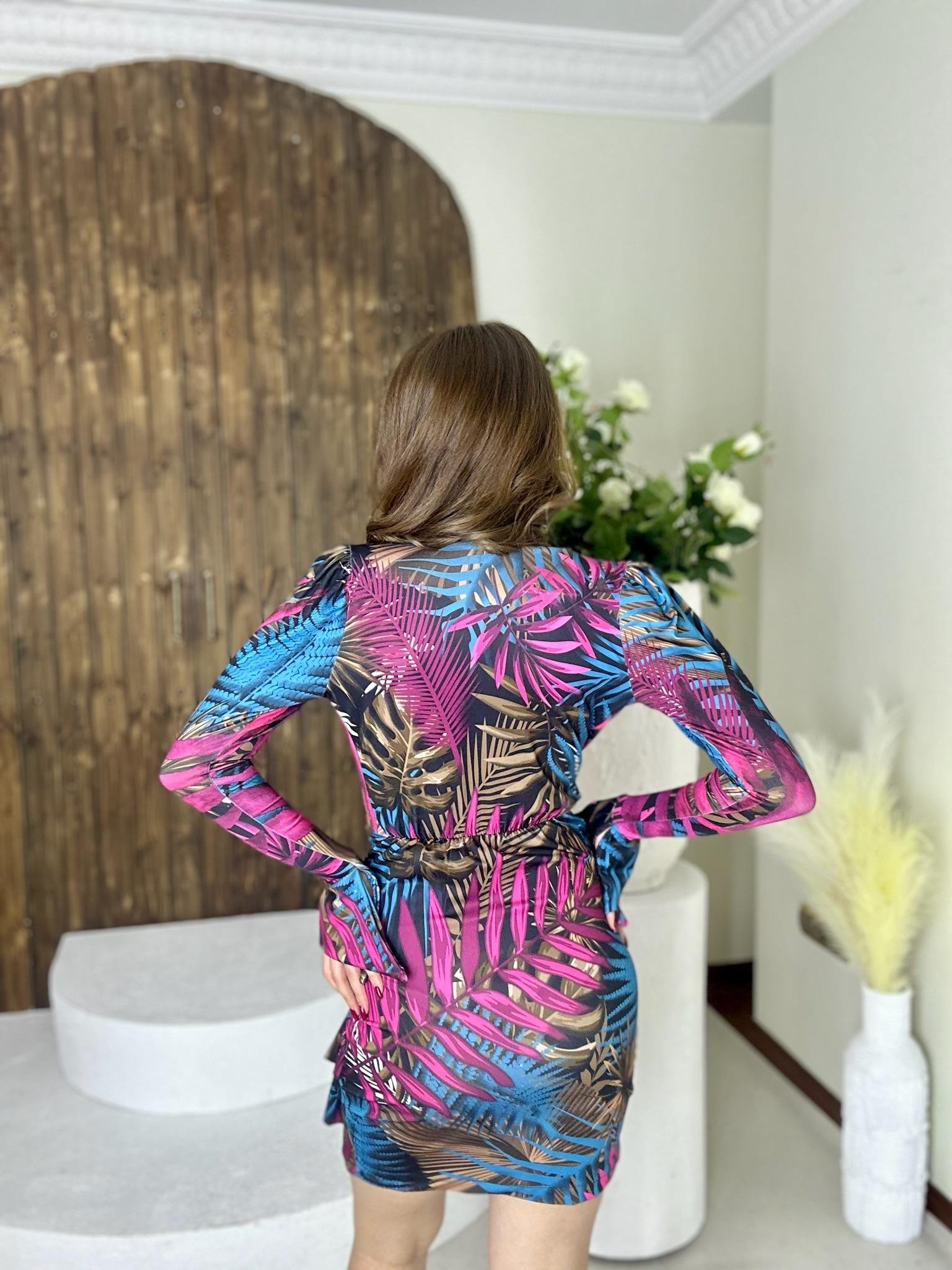 Full Likralı Micro Kumaş Derin V Yaka Desenli Elbise Mor