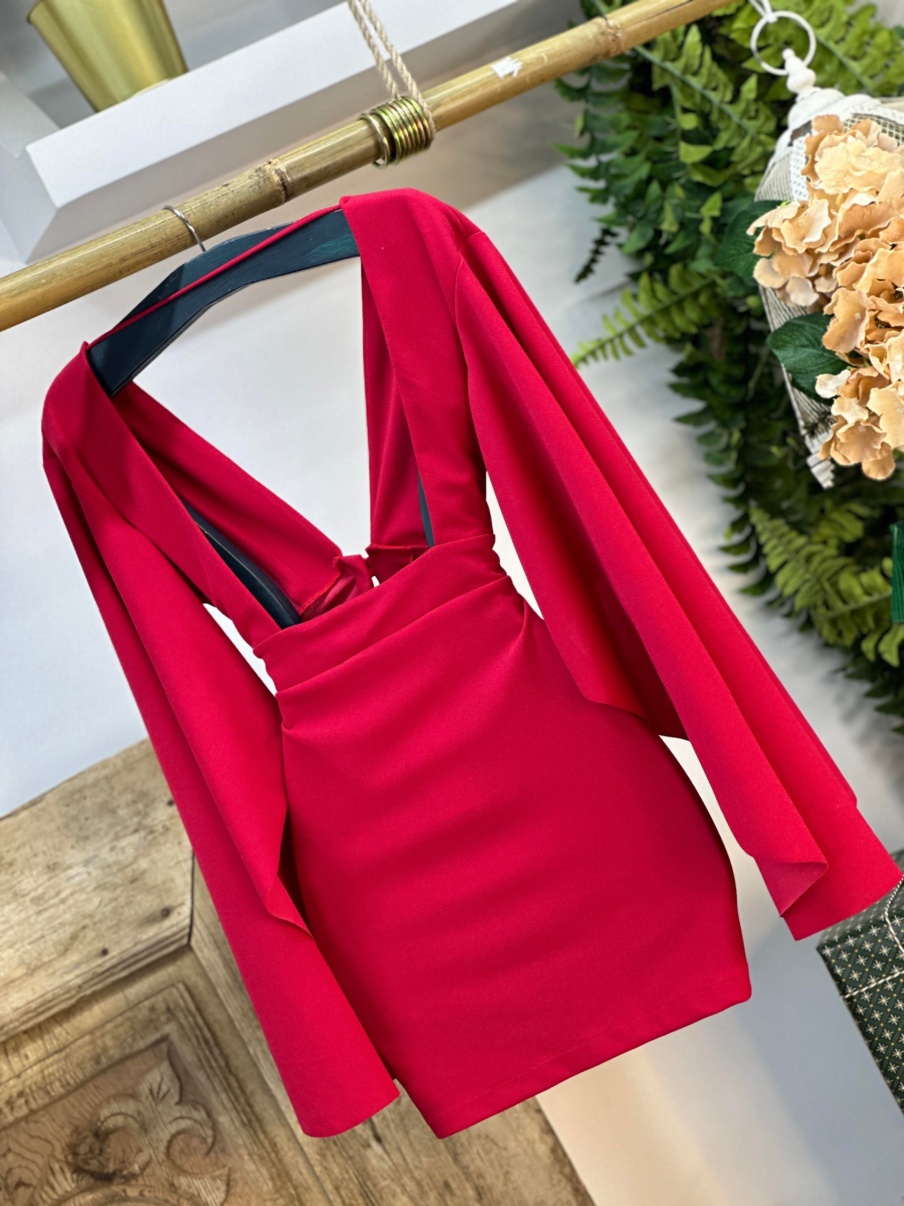 Full Likralı Micro Kumaş Pelerin Kol Sırt Detaylı Düğmeli Tasarım Kırmızı Elbise