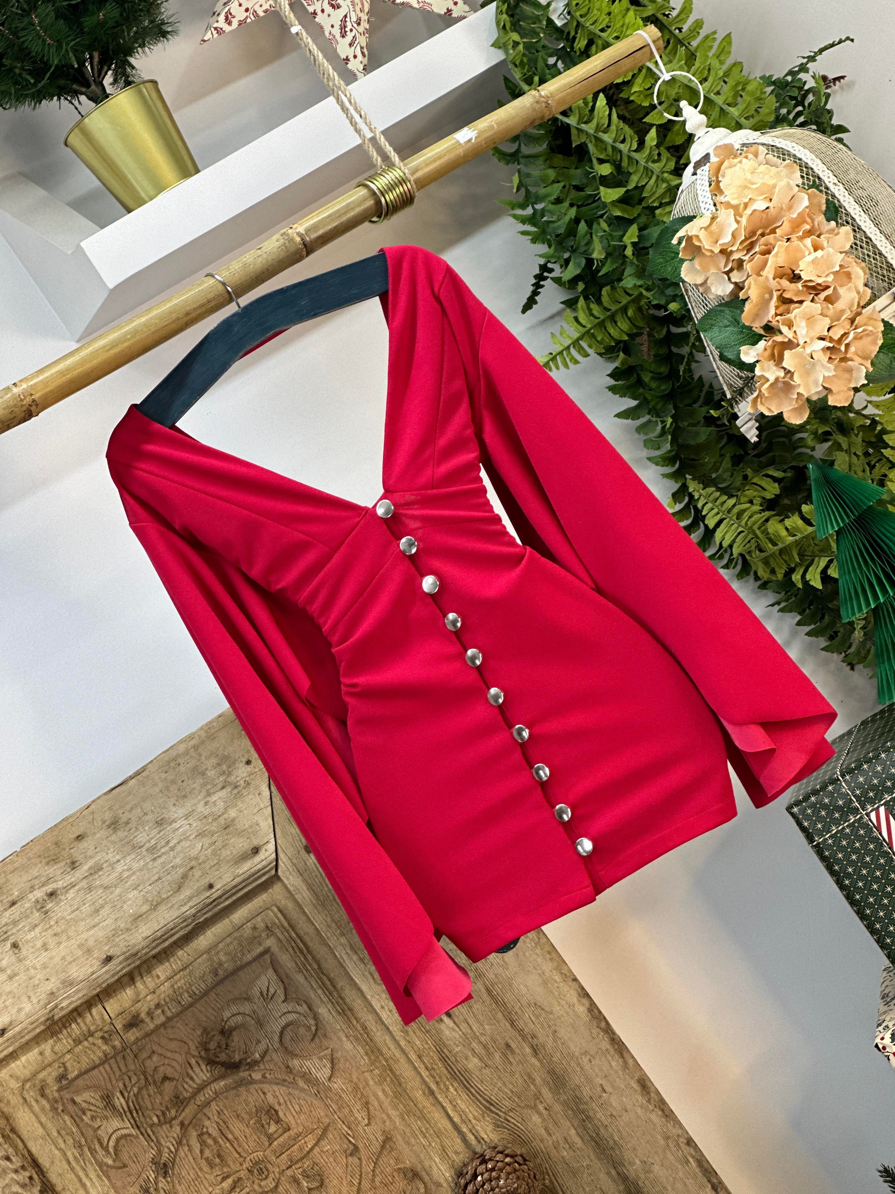 Full Likralı Micro Kumaş Pelerin Kol Sırt Detaylı Düğmeli Tasarım Kırmızı Elbise